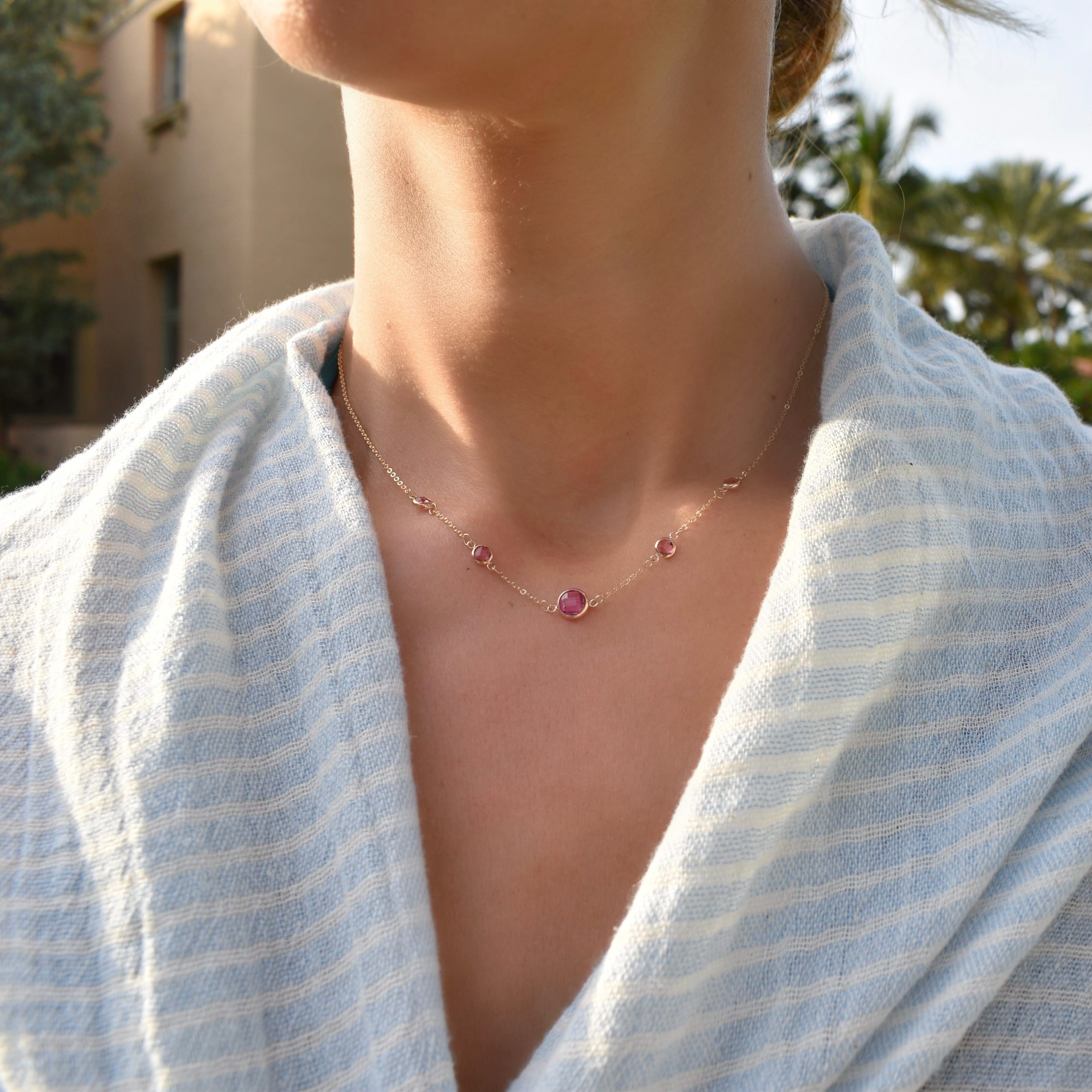 1 Grand & 4 Petite Pink Sapphire Necklace in 14k Gold (October) - Image 2