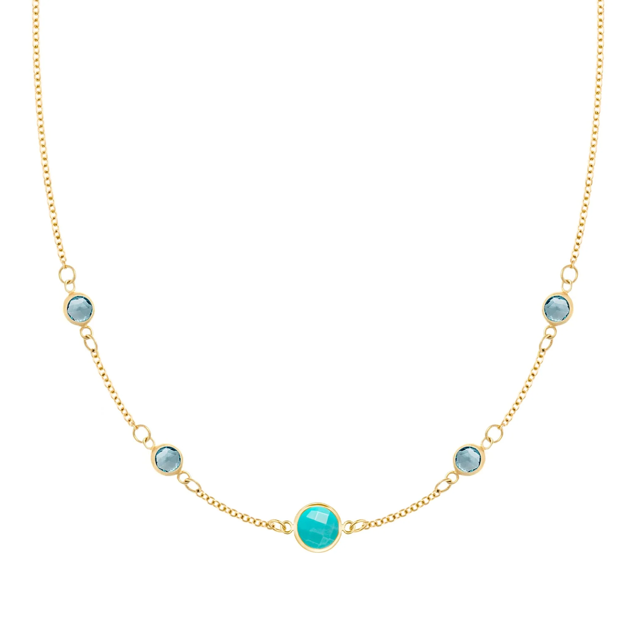 1 Grand Turquoise & 4 Petite Nantucket Blue Topaz Necklace in 14k Gold (December)