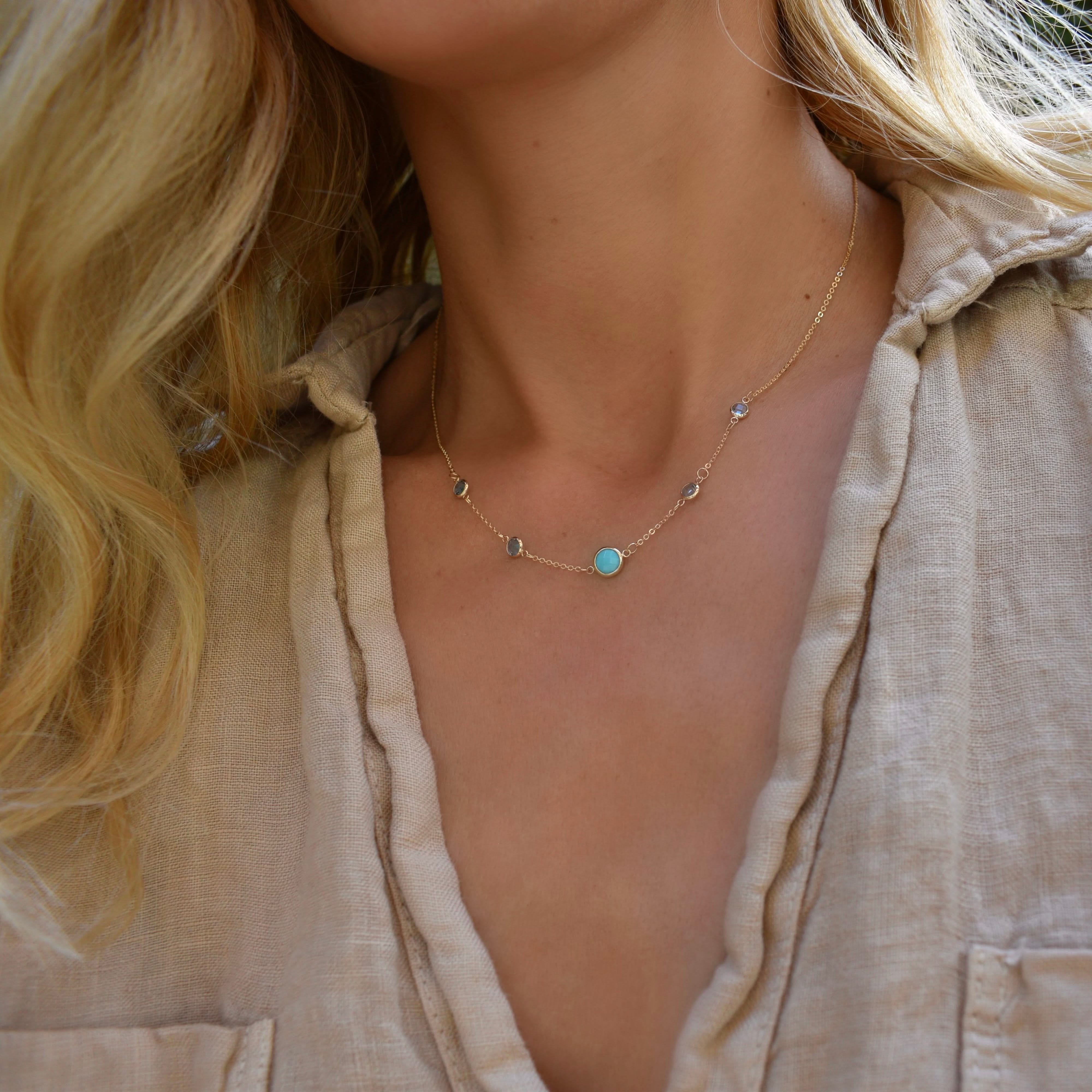 1 Grand Turquoise & 4 Petite Nantucket Blue Topaz Necklace in 14k Gold (December) - Image 2