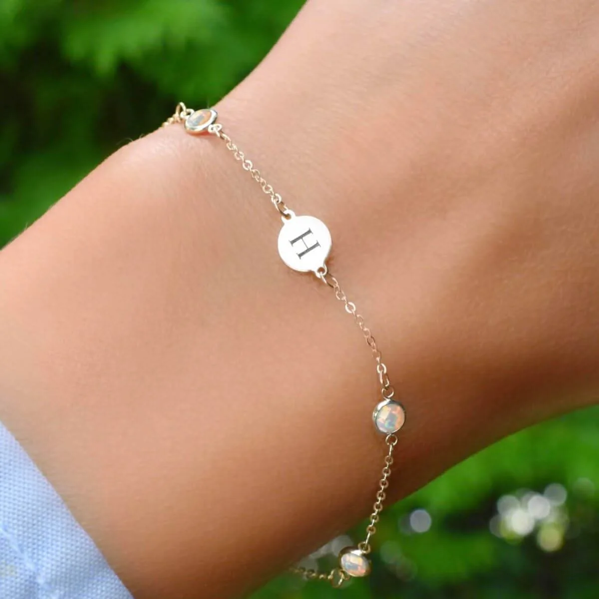 1 Letter & 4 Petite Opal Bracelet in 14k Gold (October) - Image 8