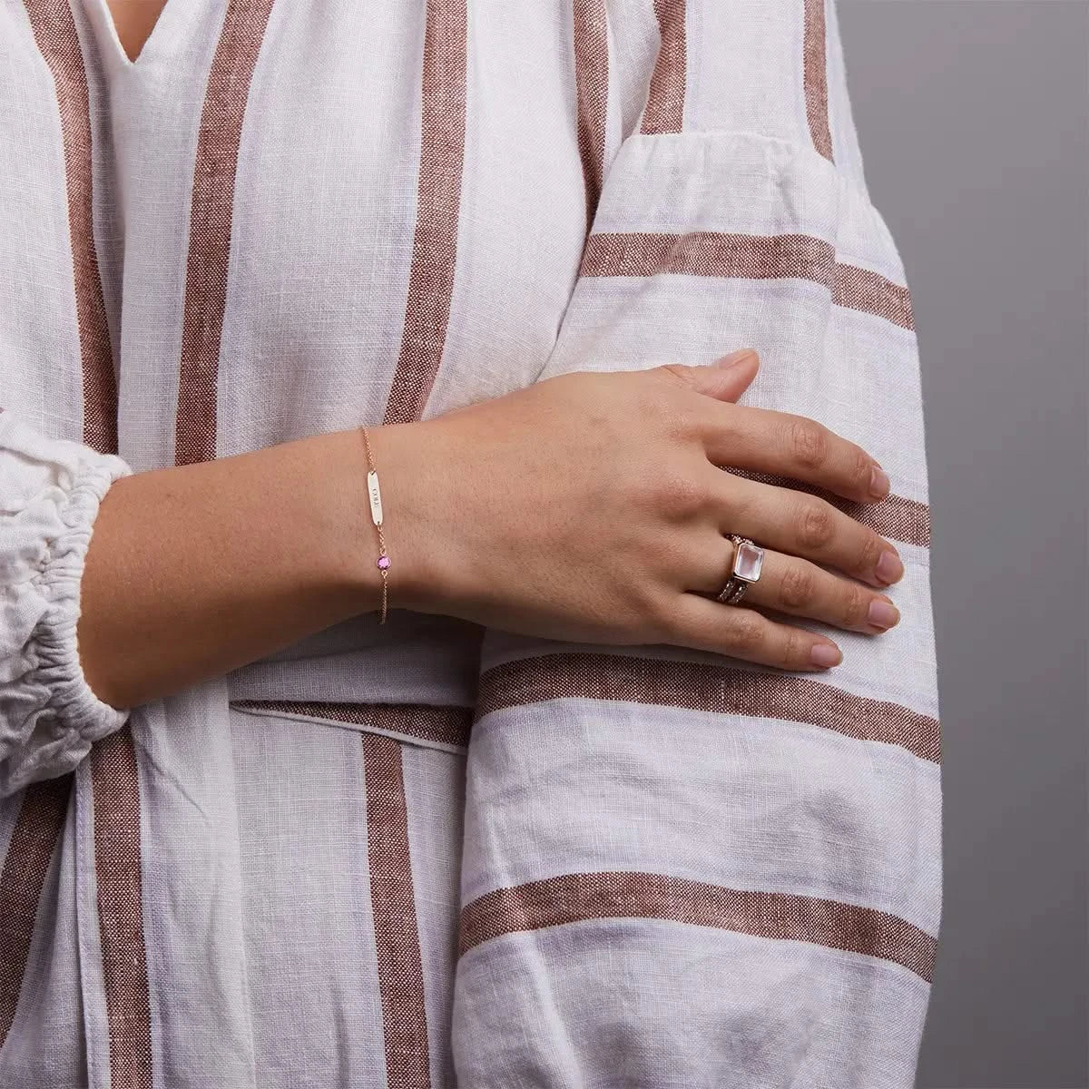1 Nameplate & 1 Petite Pink Sapphire Bracelet in 14k Gold (October) - Image 2