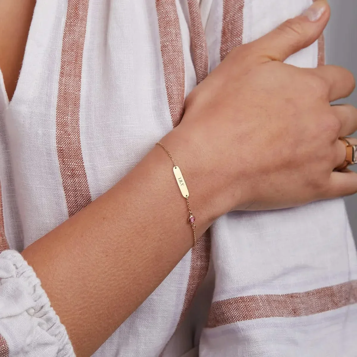 1 Nameplate & 1 Petite Pink Sapphire Bracelet in 14k Gold (October) - Image 3