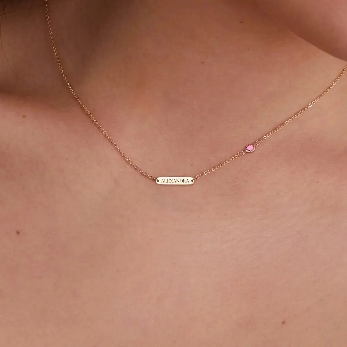 1 Nameplate & 1 Petite Pink Sapphire Necklace in 14k Gold (October) - Image 3