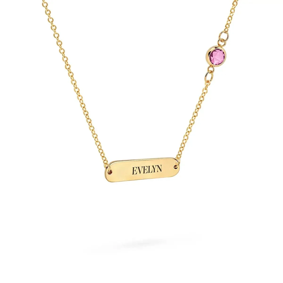 1 Nameplate & 1 Petite Pink Sapphire Necklace in 14k Gold (October) - Image 4