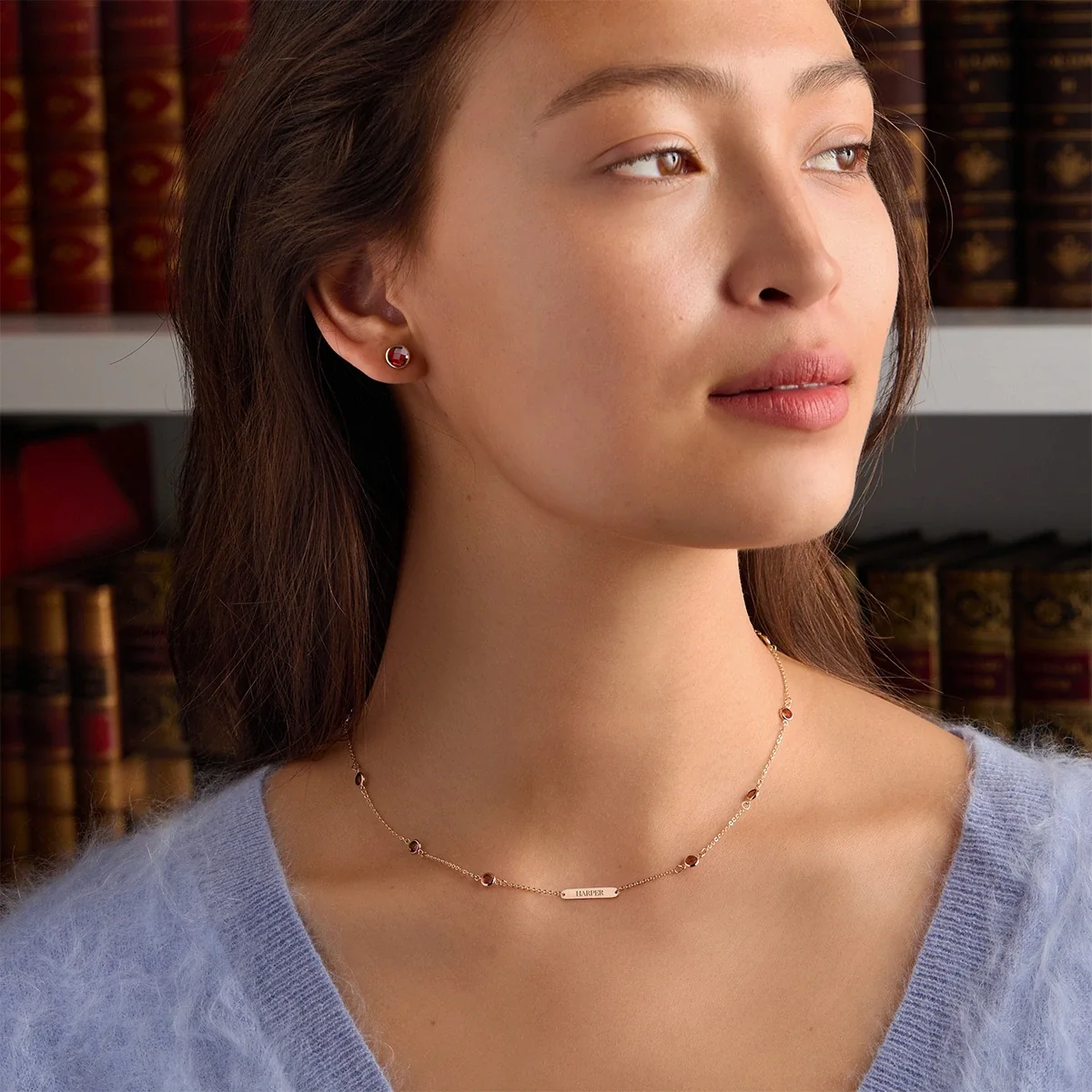 1 Nameplate & 10 Petite Garnet Necklace in 14k Gold (January) - Image 2