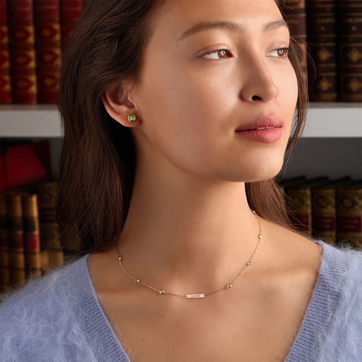 1 Nameplate & 10 Petite Peridot Necklace in 14k Gold (August) - Image 2