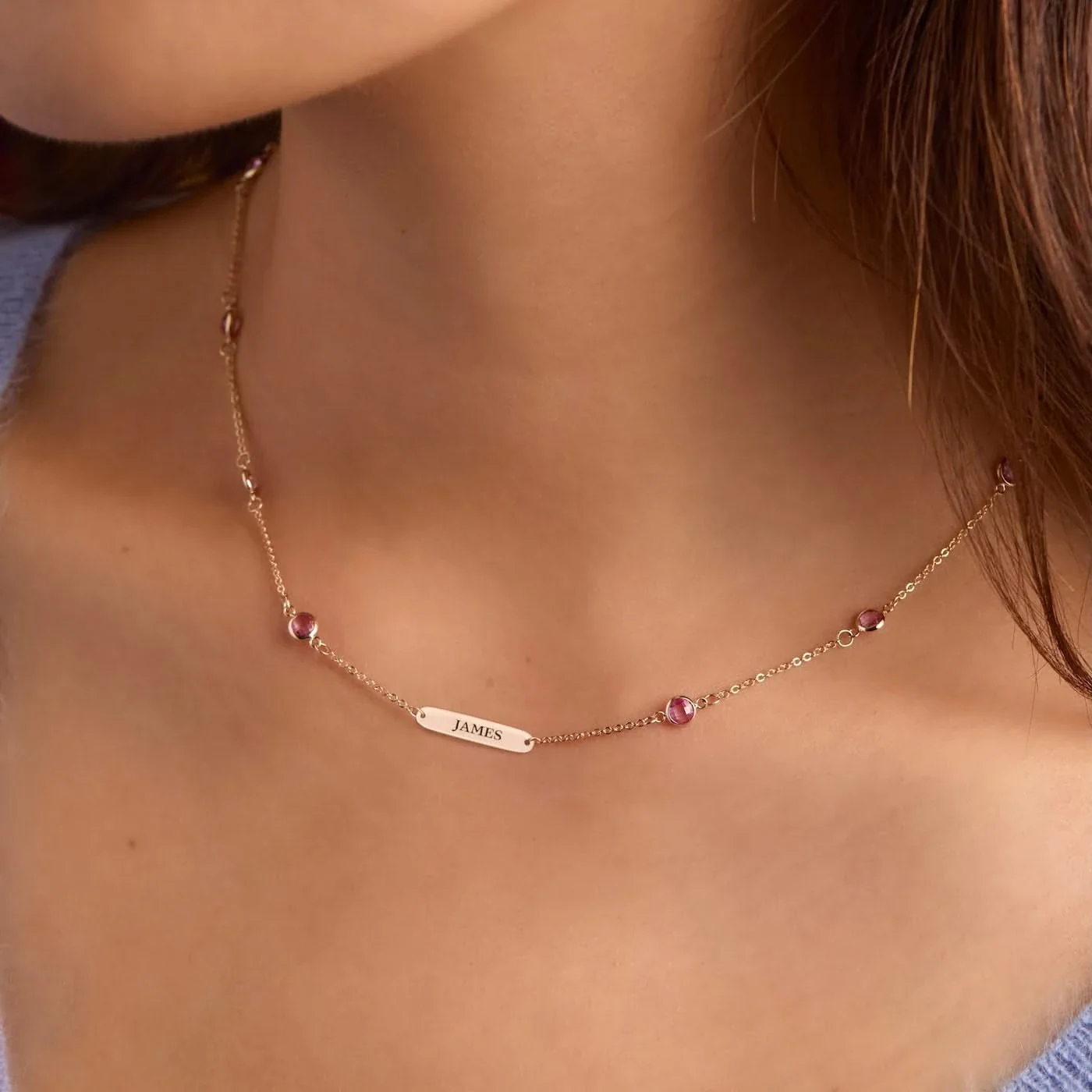 1 Nameplate & 10 Petite Pink Sapphire Necklace in 14k Gold (October) - Image 3