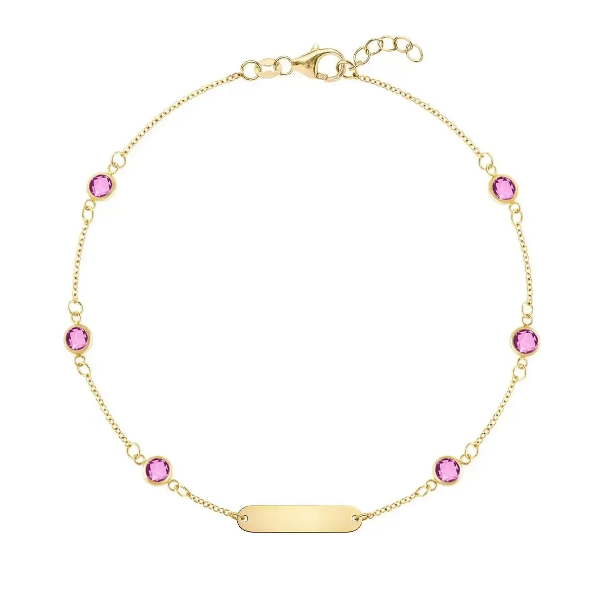 1 Nameplate & 6 Petite Pink Sapphire Bracelet in 14k Gold (October)