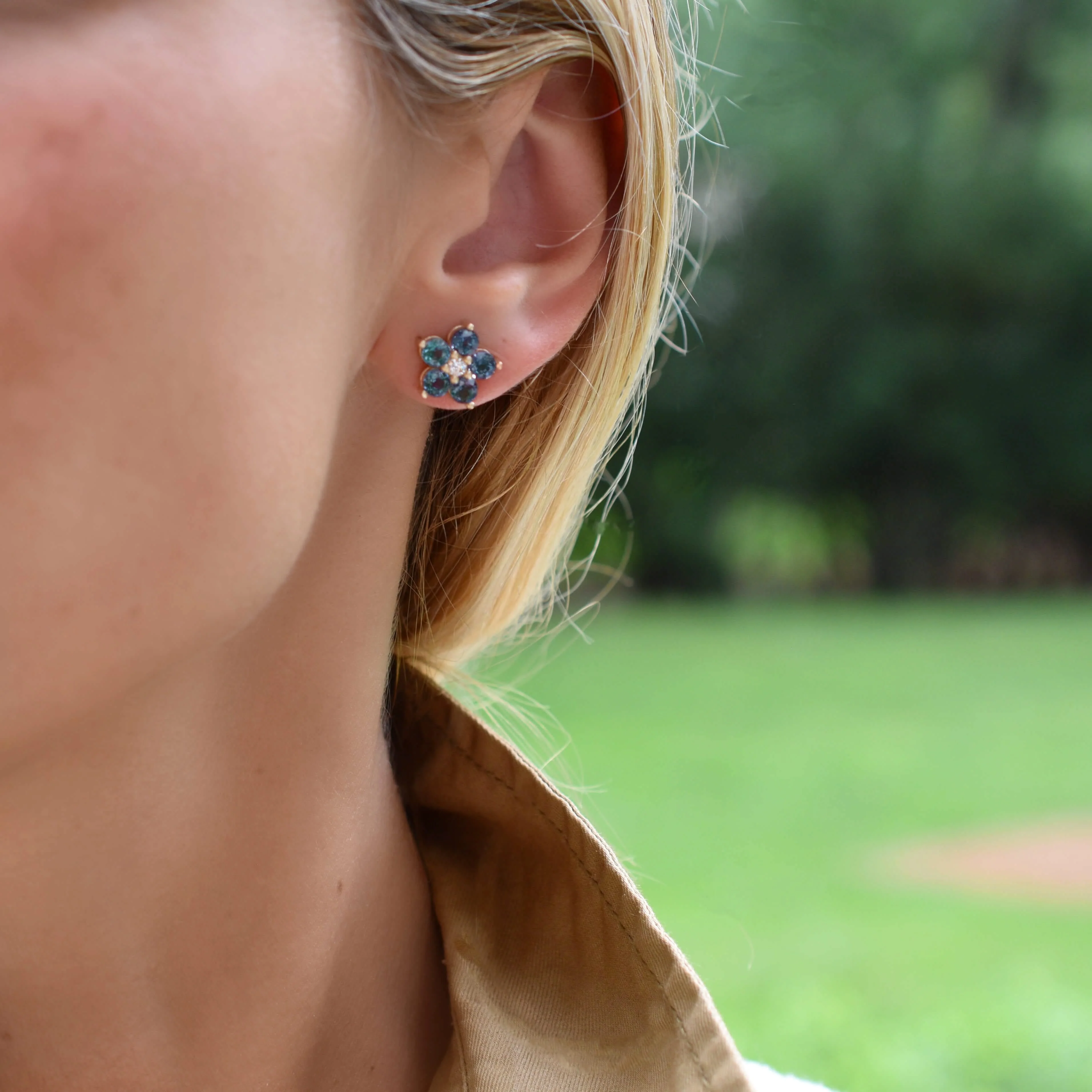 Greenwich Flower Alexandrite & Diamond Earrings in 14k Gold (June) - Image 9