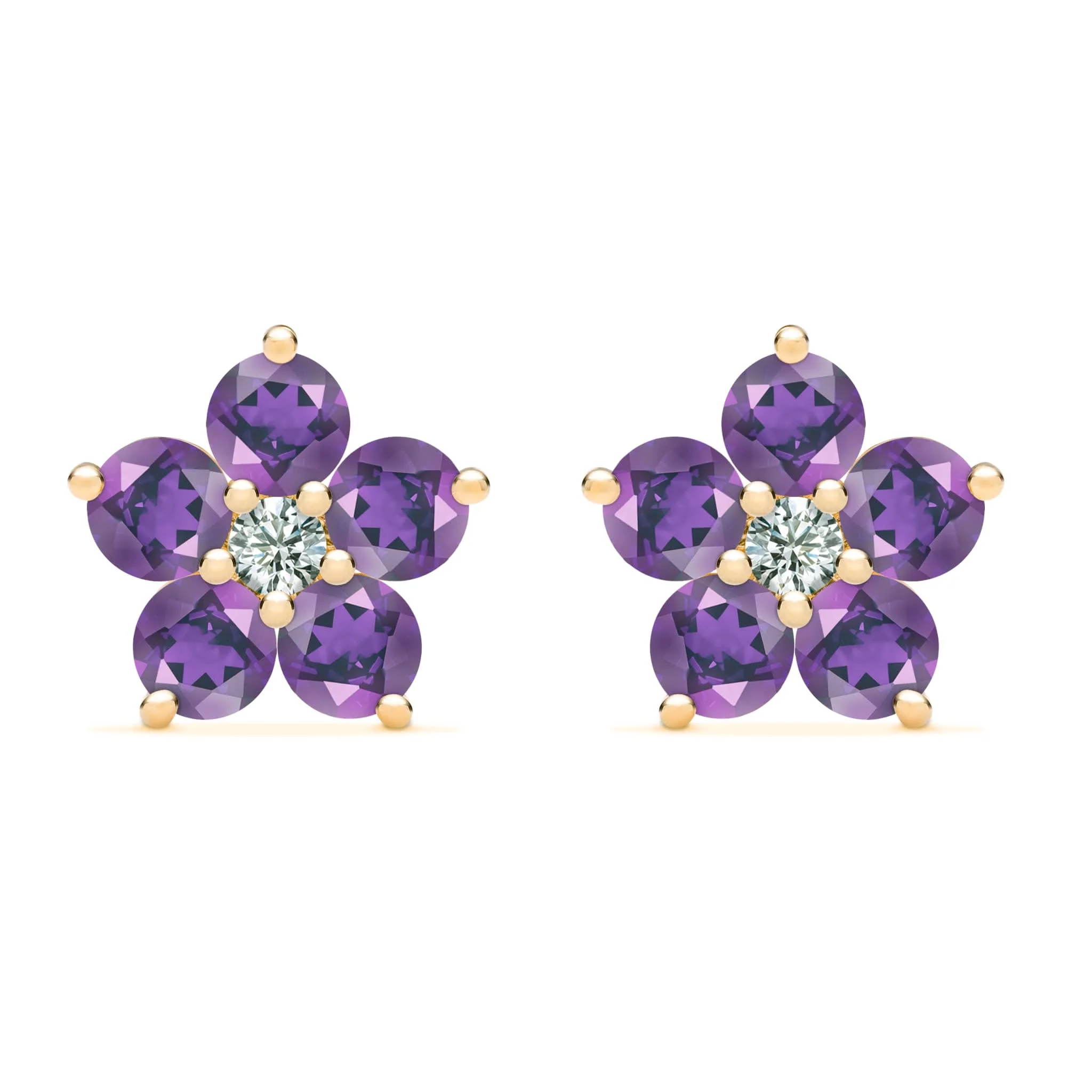 Greenwich Flower Amethyst & Diamond Earrings in 14k Gold (February)
