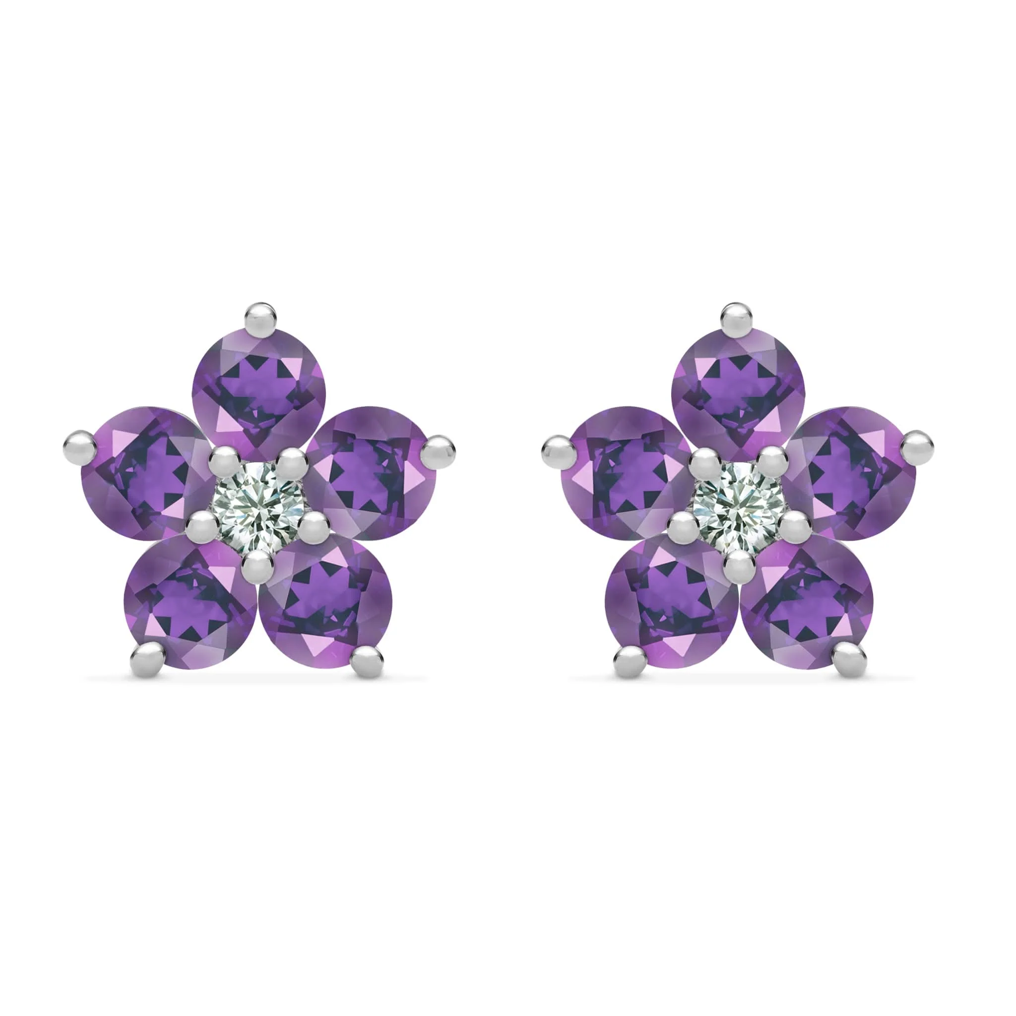 Greenwich Flower Amethyst & Diamond Earrings in 14k Gold (February) - Image 5