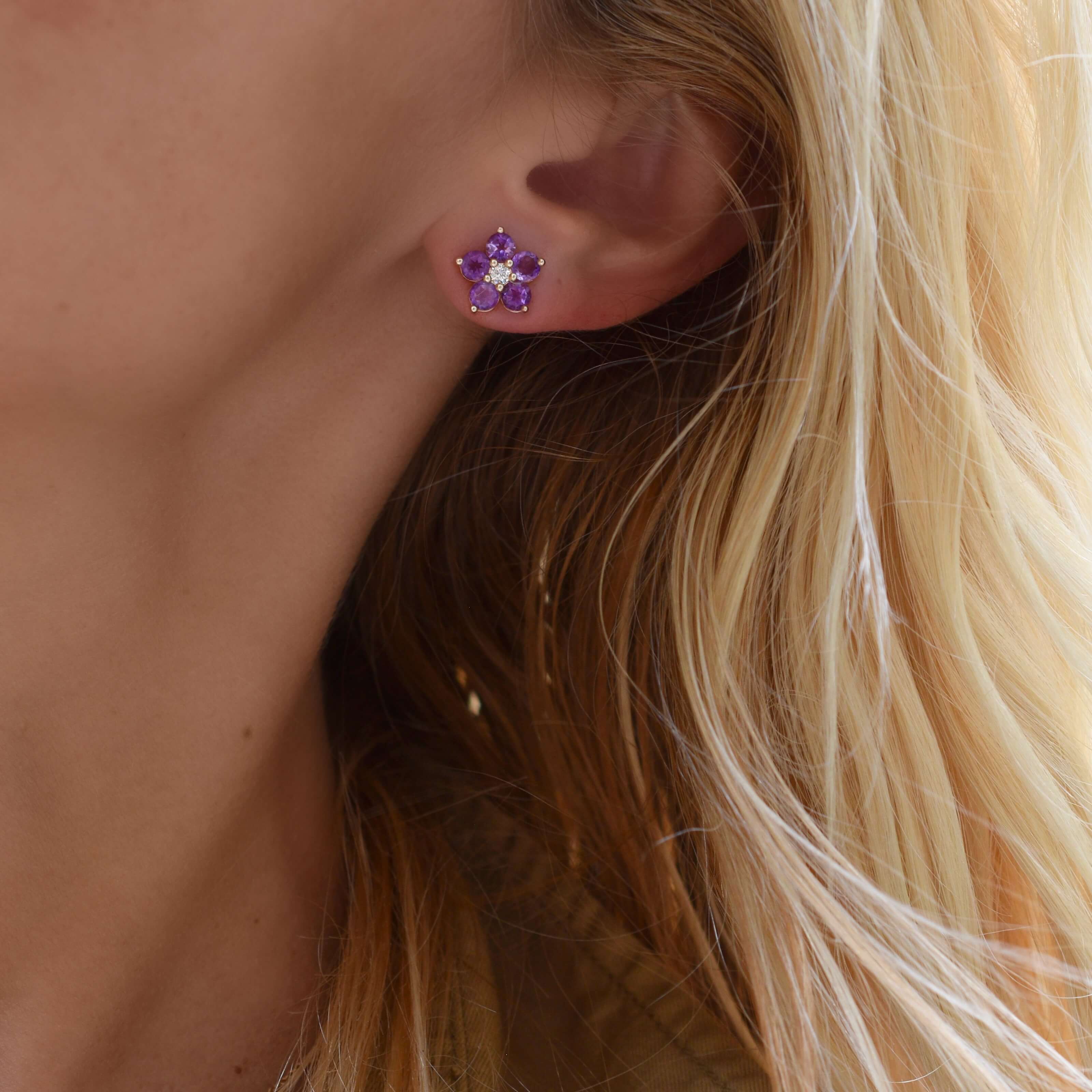 Greenwich Flower Amethyst & Diamond Earrings in 14k Gold (February) - Image 6