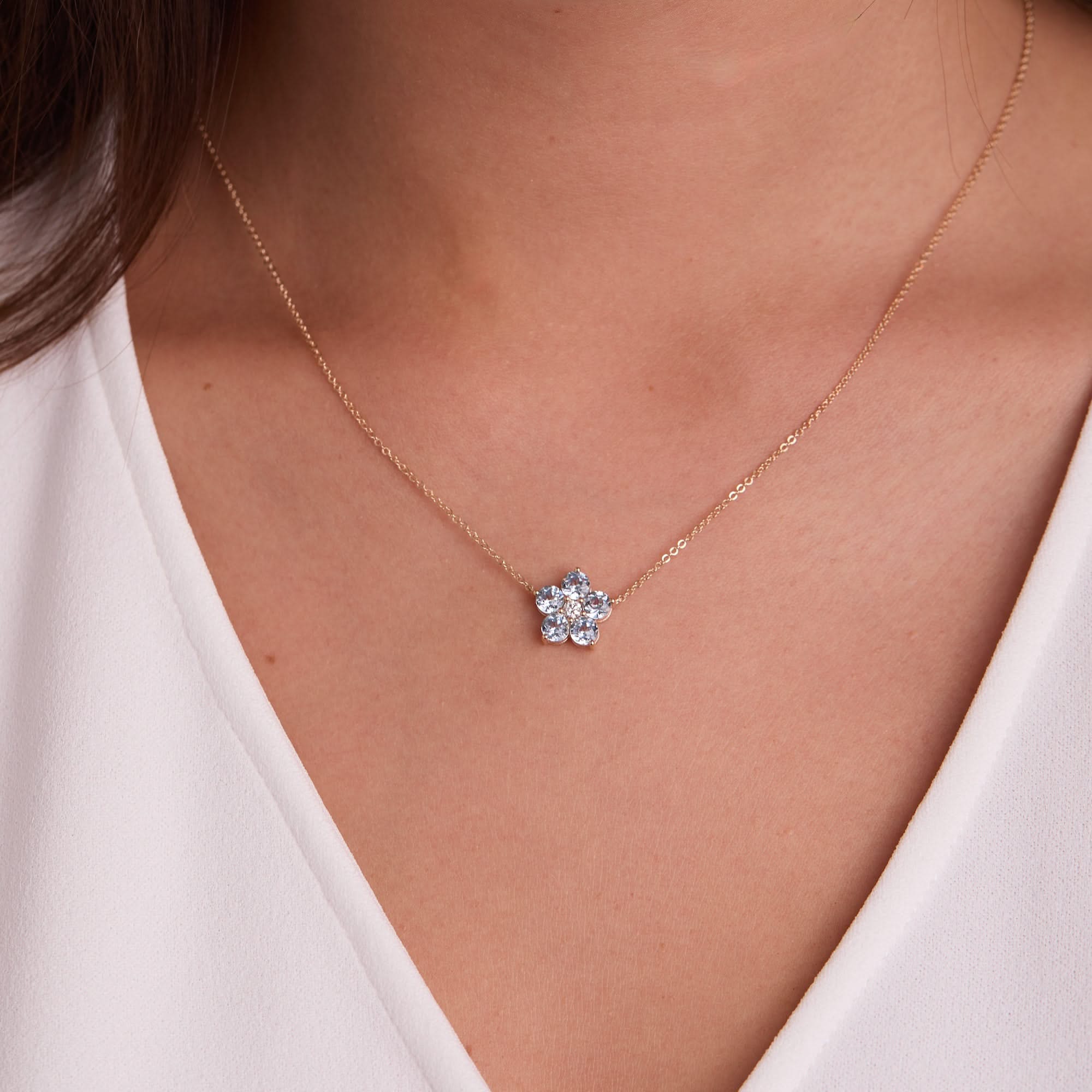 Greenwich Flower Aquamarine & Diamond Necklace in 14k Gold (March) - Image 3