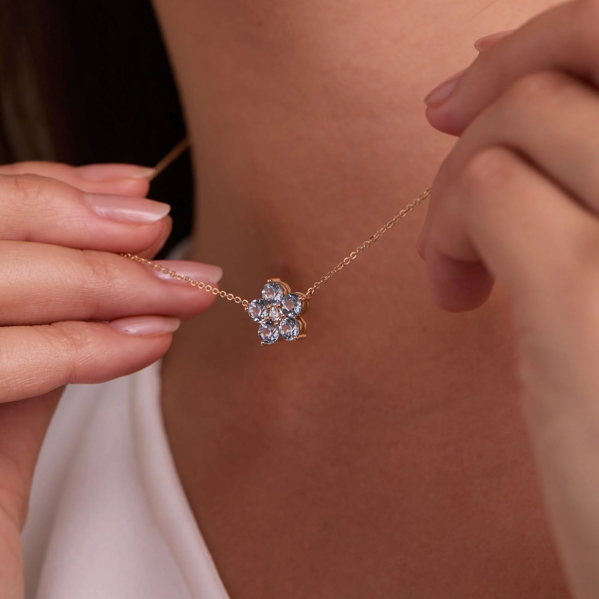 Greenwich Flower Aquamarine & Diamond Necklace in 14k Gold (March) - Image 6