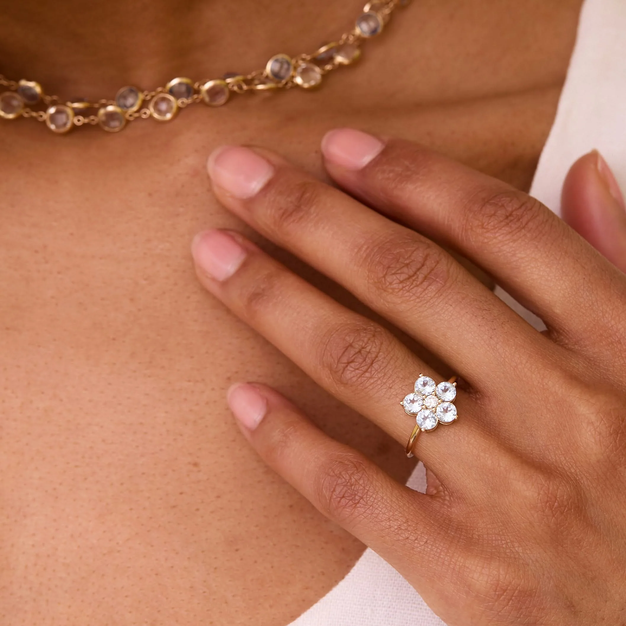 Greenwich Flower Aquamarine & Diamond Ring in 14k Gold (March) - Image 8