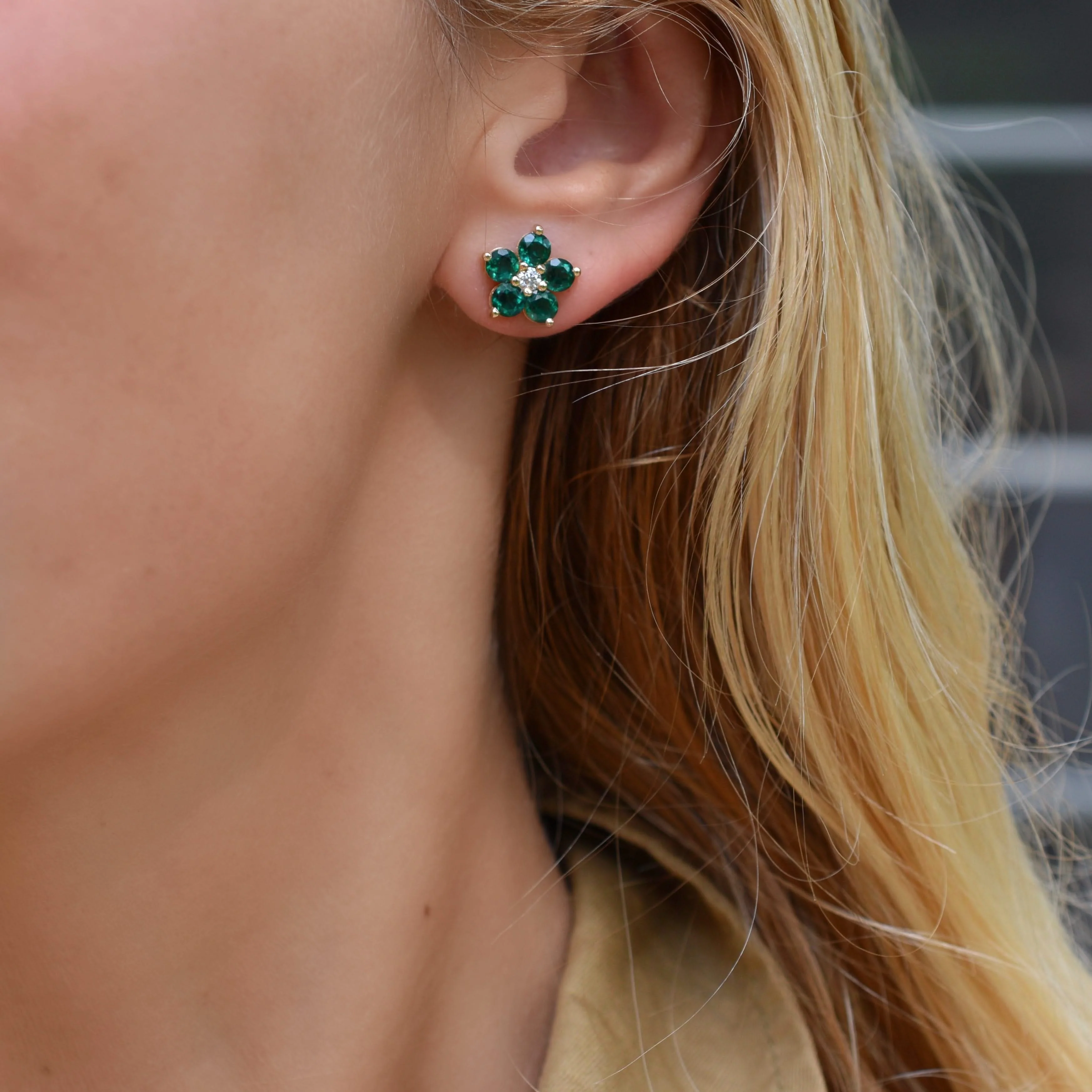 Greenwich Flower Emerald & Diamond Earrings in 14k Gold (May) - Image 9