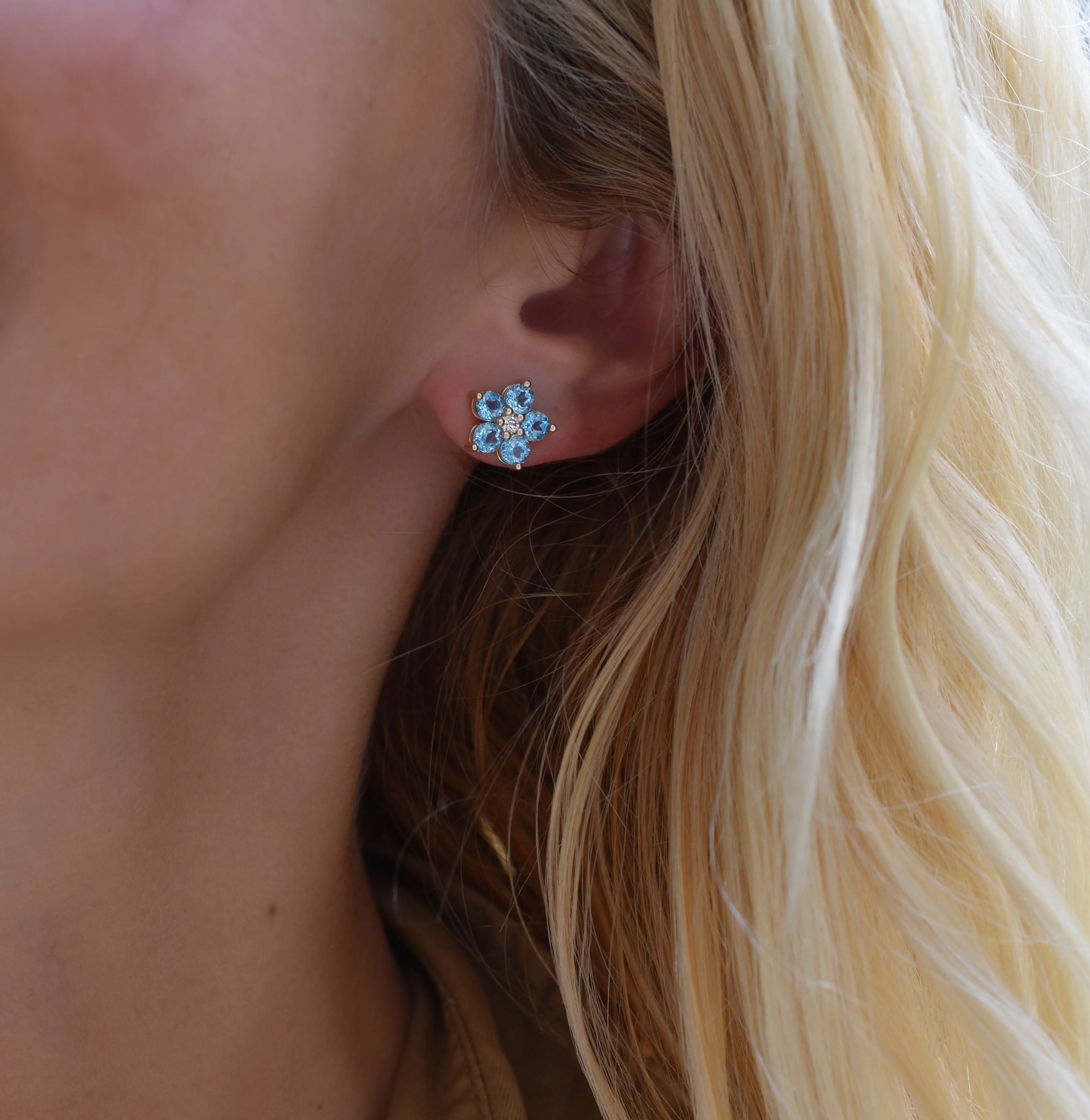 Greenwich Flower Nantucket Blue Topaz & Diamond Earrings in 14k Gold (December) - Image 9