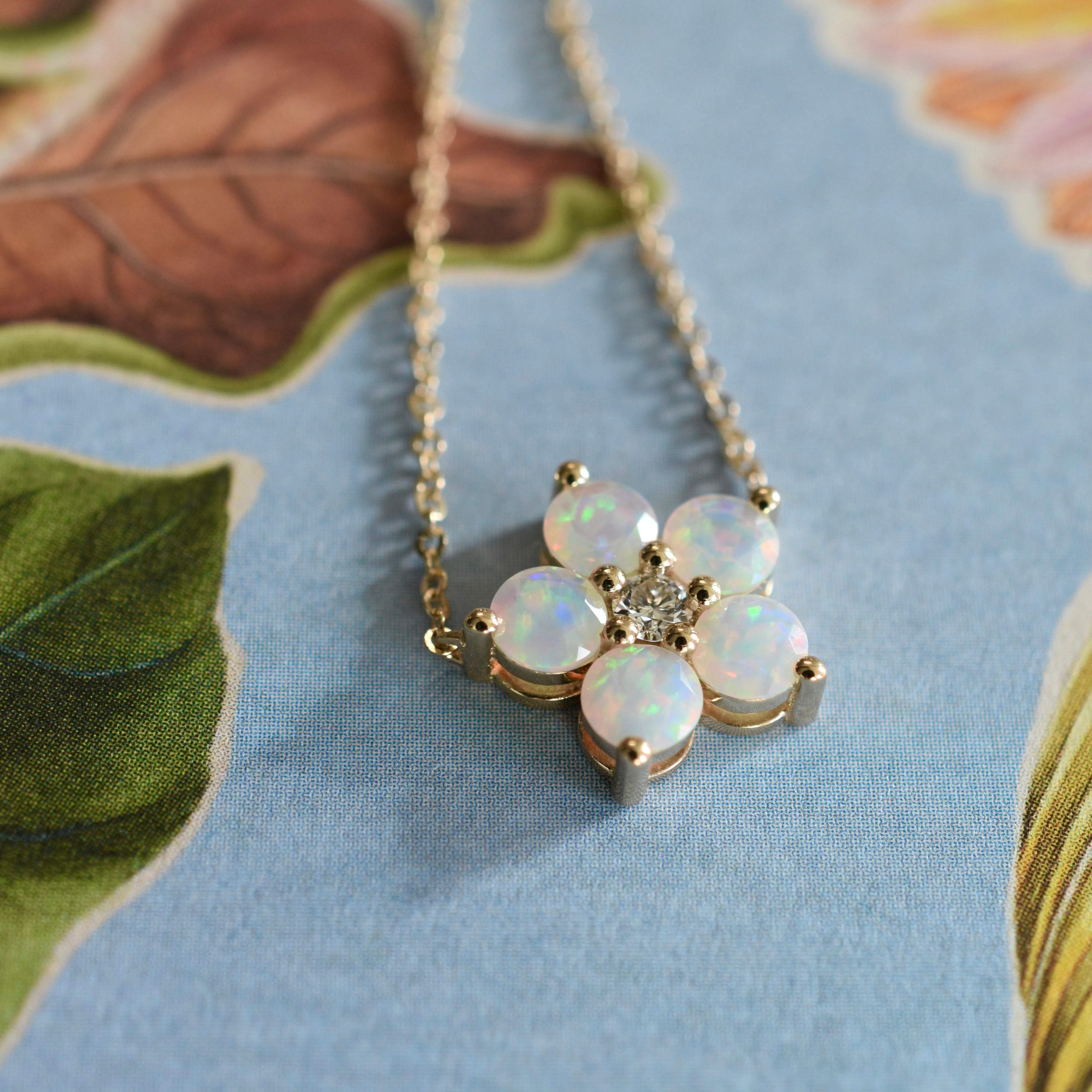 Greenwich Flower Opal & Diamond Necklace in 14k Gold (October) - Image 8
