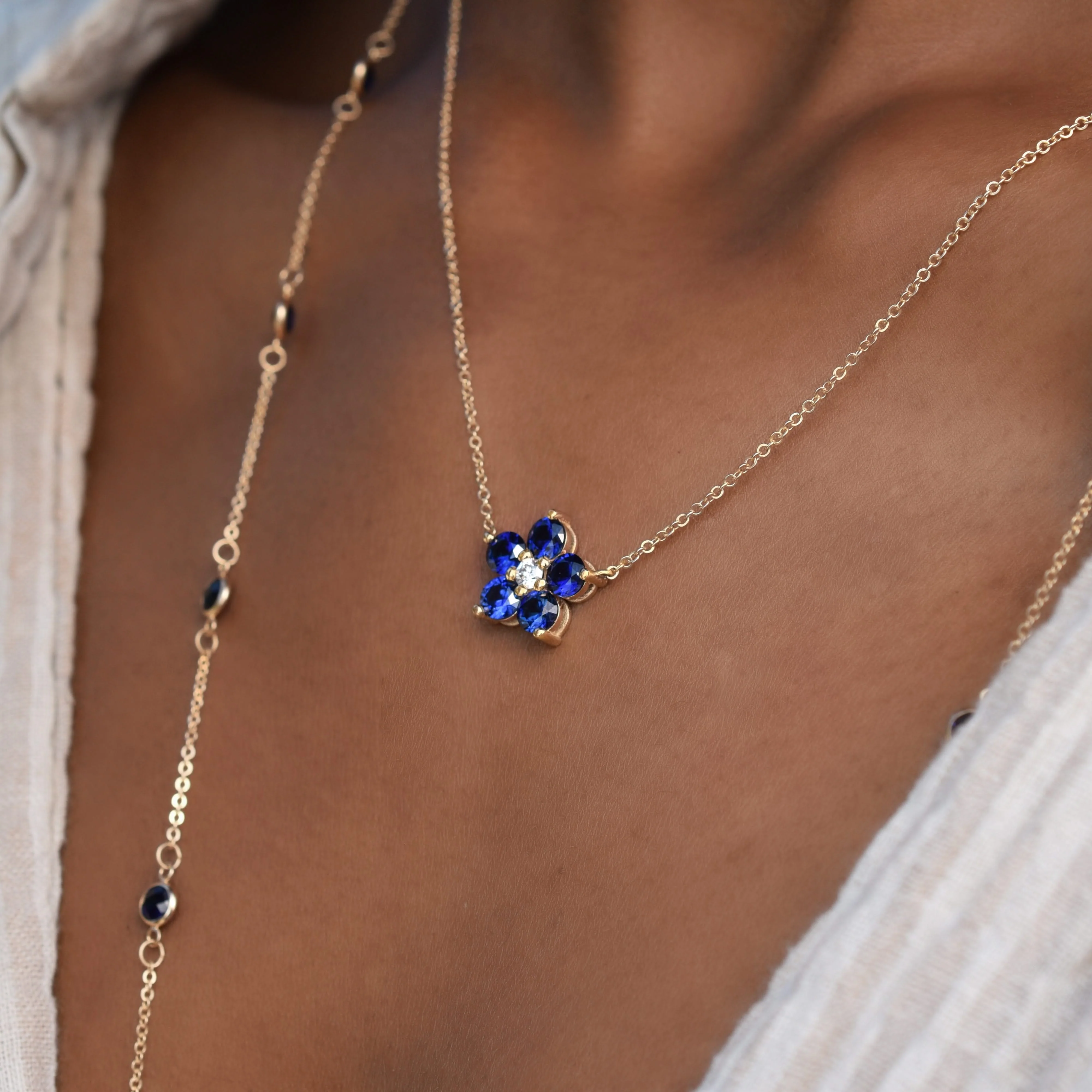Greenwich Flower Sapphire & Diamond Necklace in 14k Gold (September) - Image 10