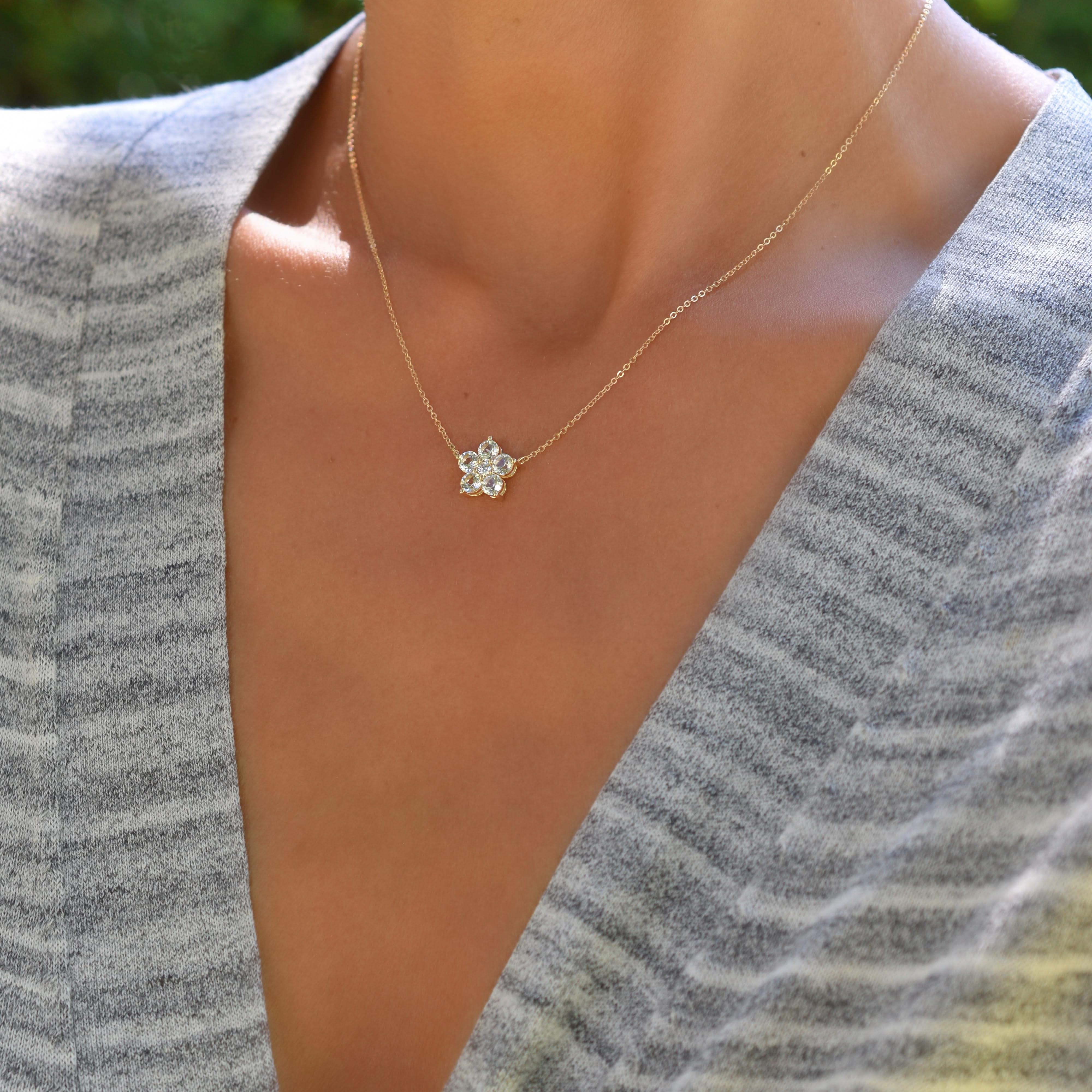 Greenwich Flower White Topaz & Diamond Necklace in 14k Gold (April) - Image 10