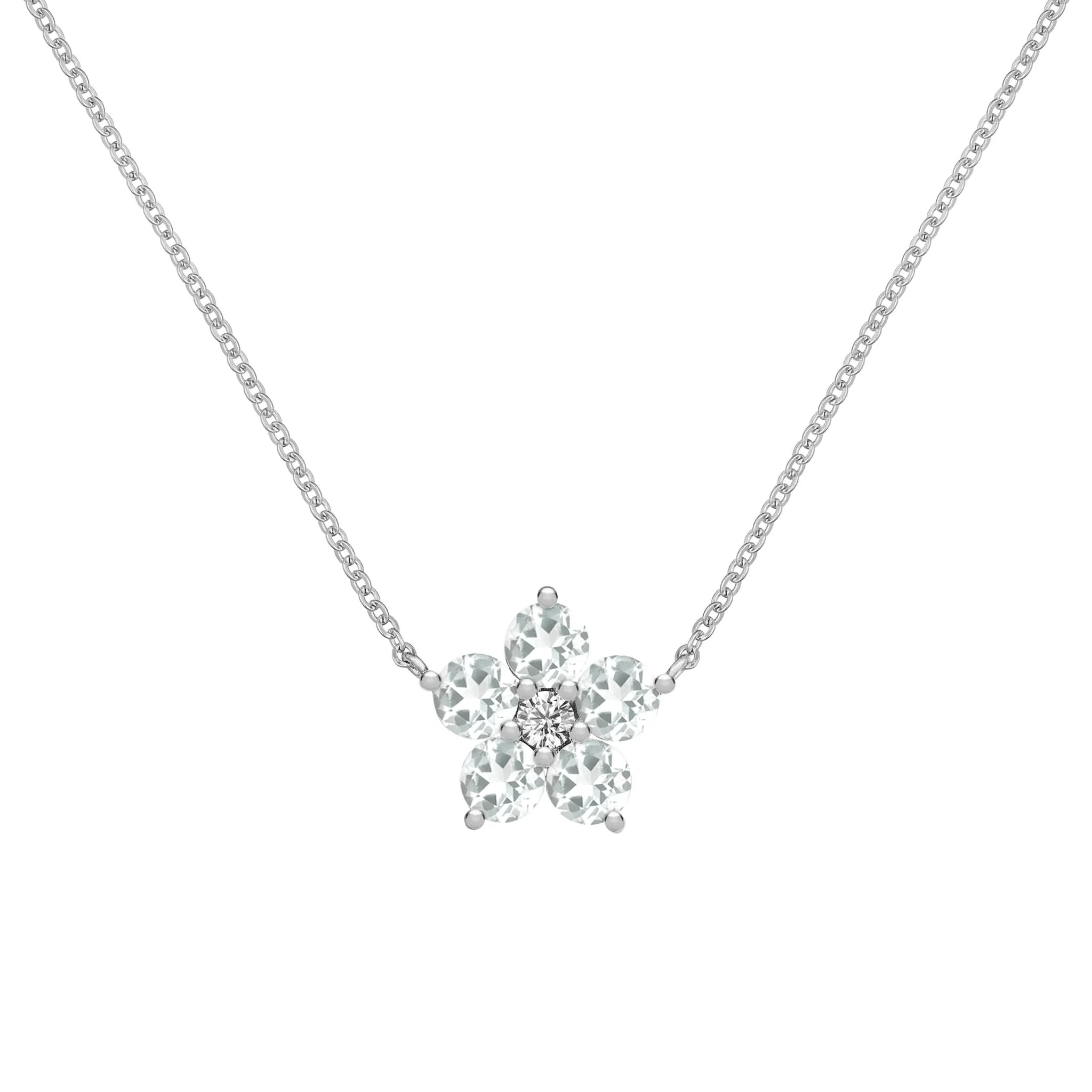 Greenwich Flower White Topaz & Diamond Necklace in 14k Gold (April) - Image 8