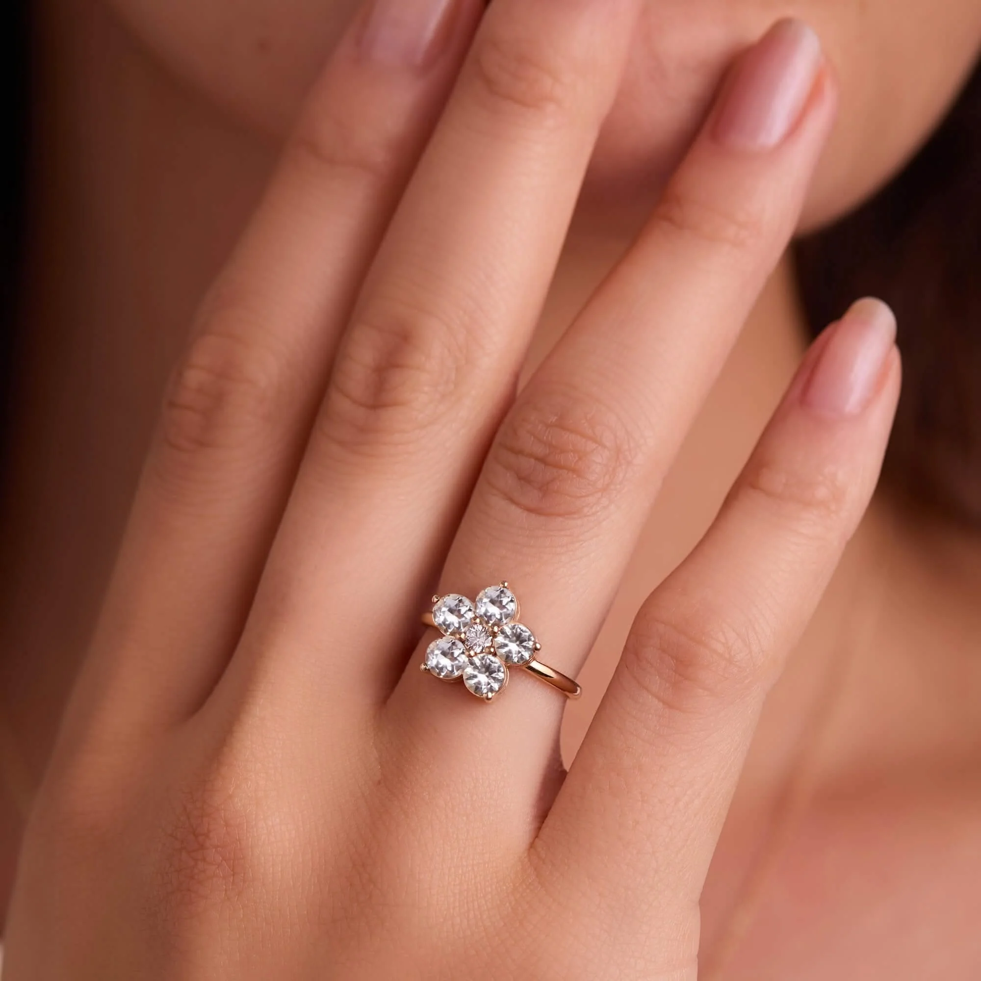 Greenwich Flower White Topaz & Diamond Ring in 14k Gold (April) - Image 3