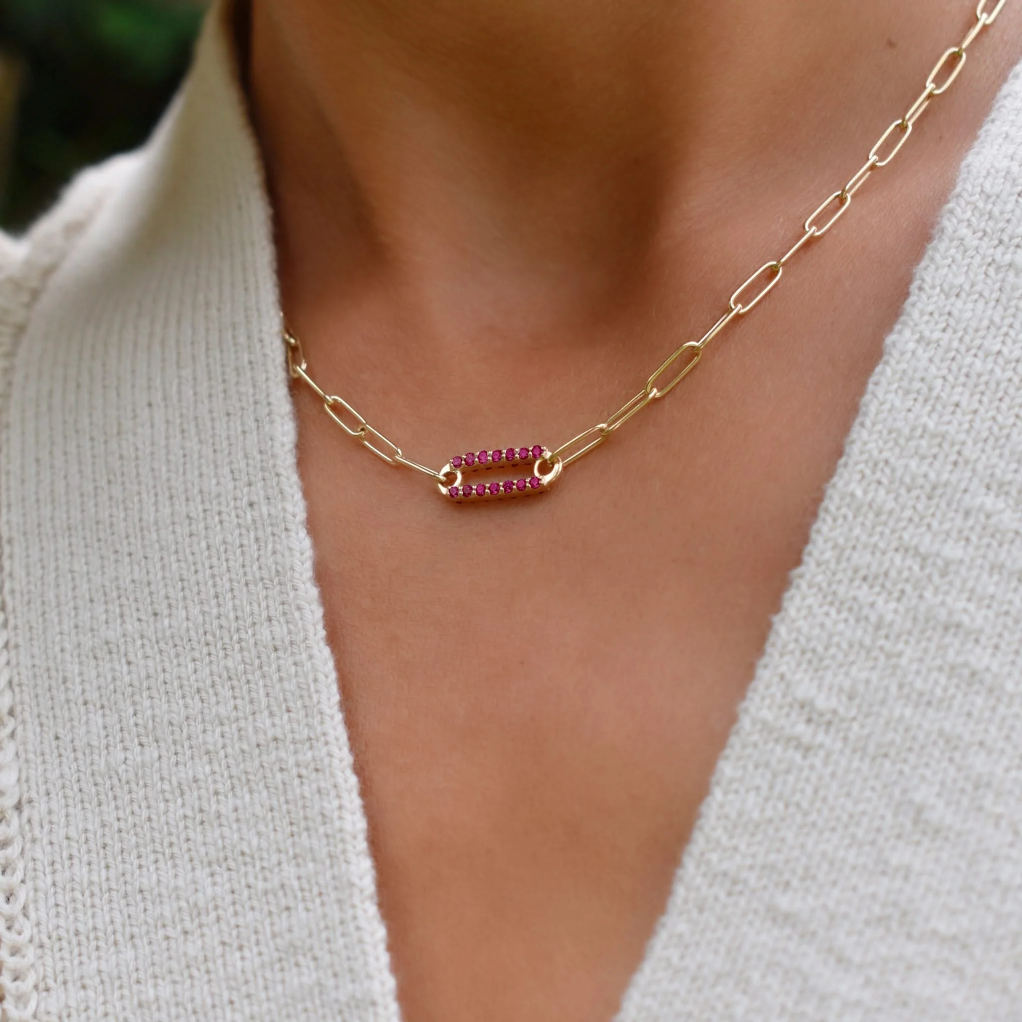 Adelaide 1 Pavé Ruby Link Necklace in 14k Gold (July) - Image 3