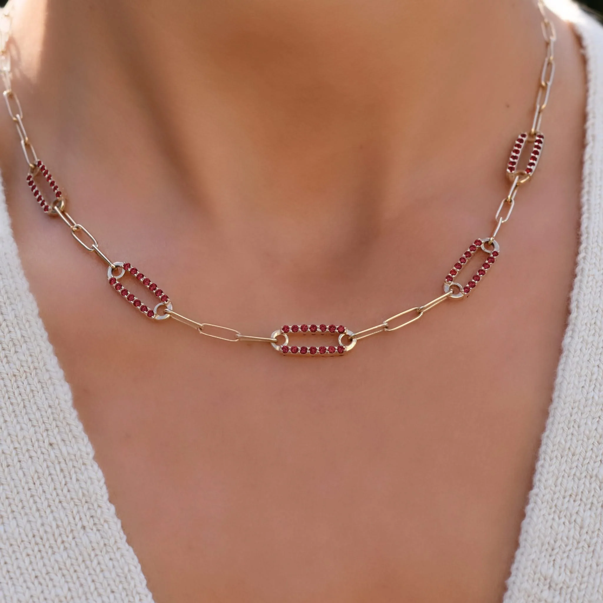 Adelaide 5 Pavé Garnet Link Necklace in 14k Gold (January) - Image 3