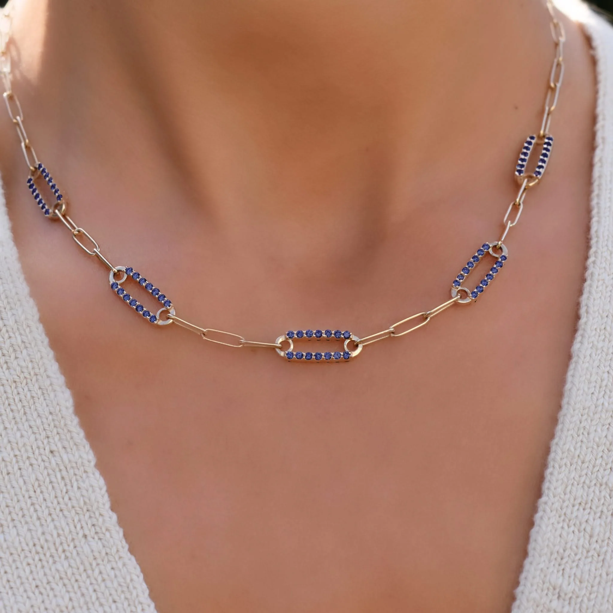 Adelaide 5 Pavé Sapphire Link Necklace in 14k Gold (September) - Image 3