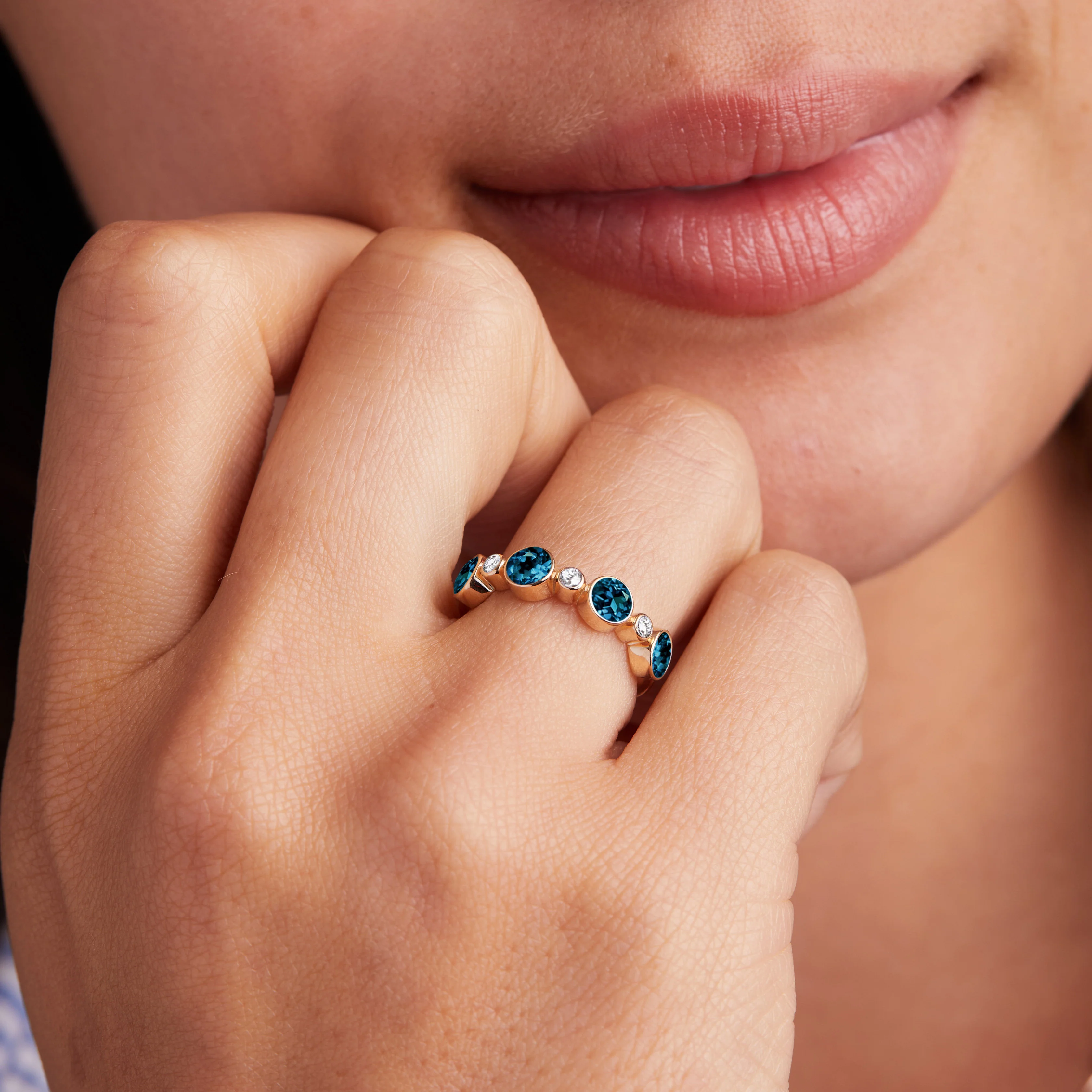 Barrington Atlantic Blue Topaz Band Ring with Diamonds in 14k Gold (December) - Image 2