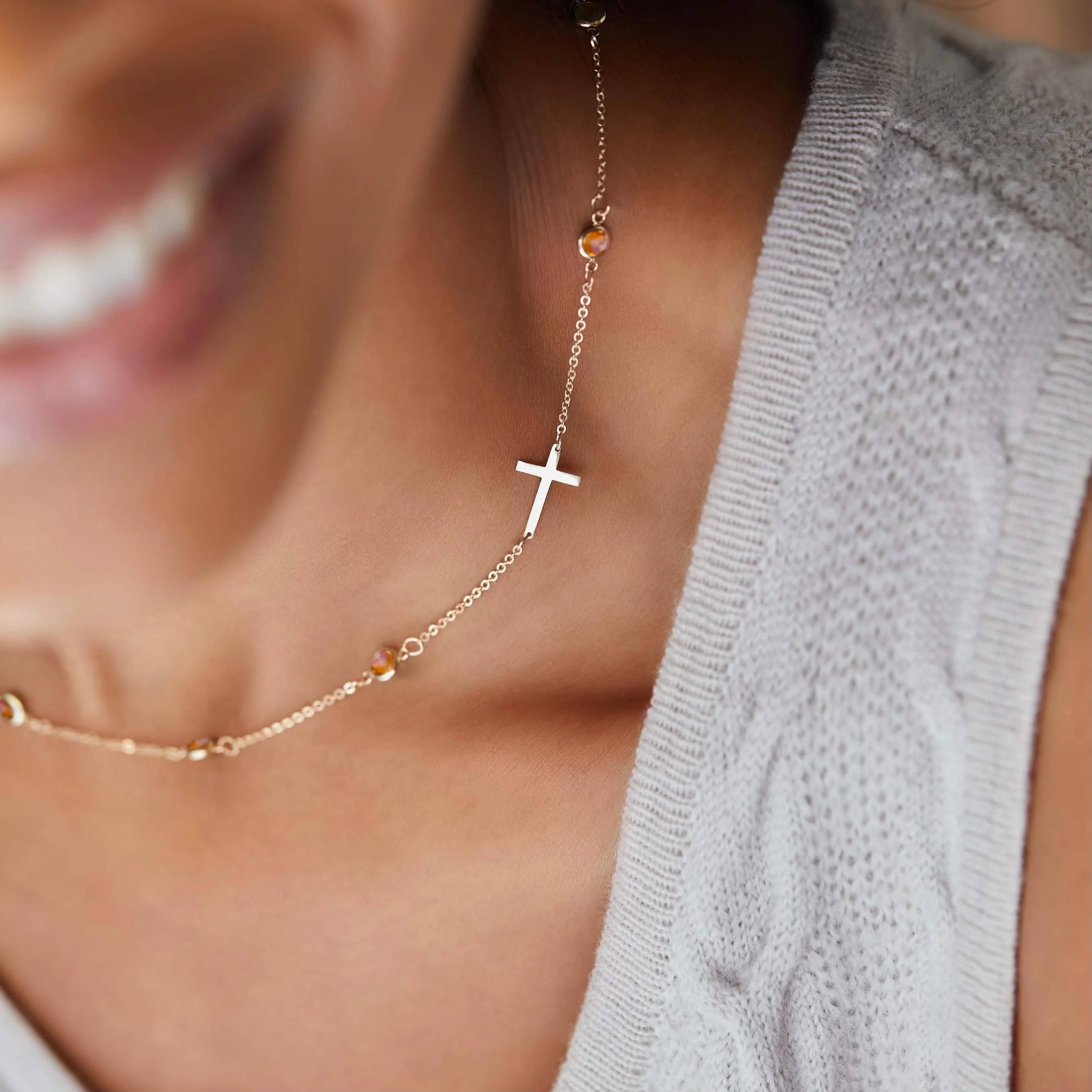 Bayberry Citrine Birthstone Cross Necklace in 14k Gold (November) - Image 3