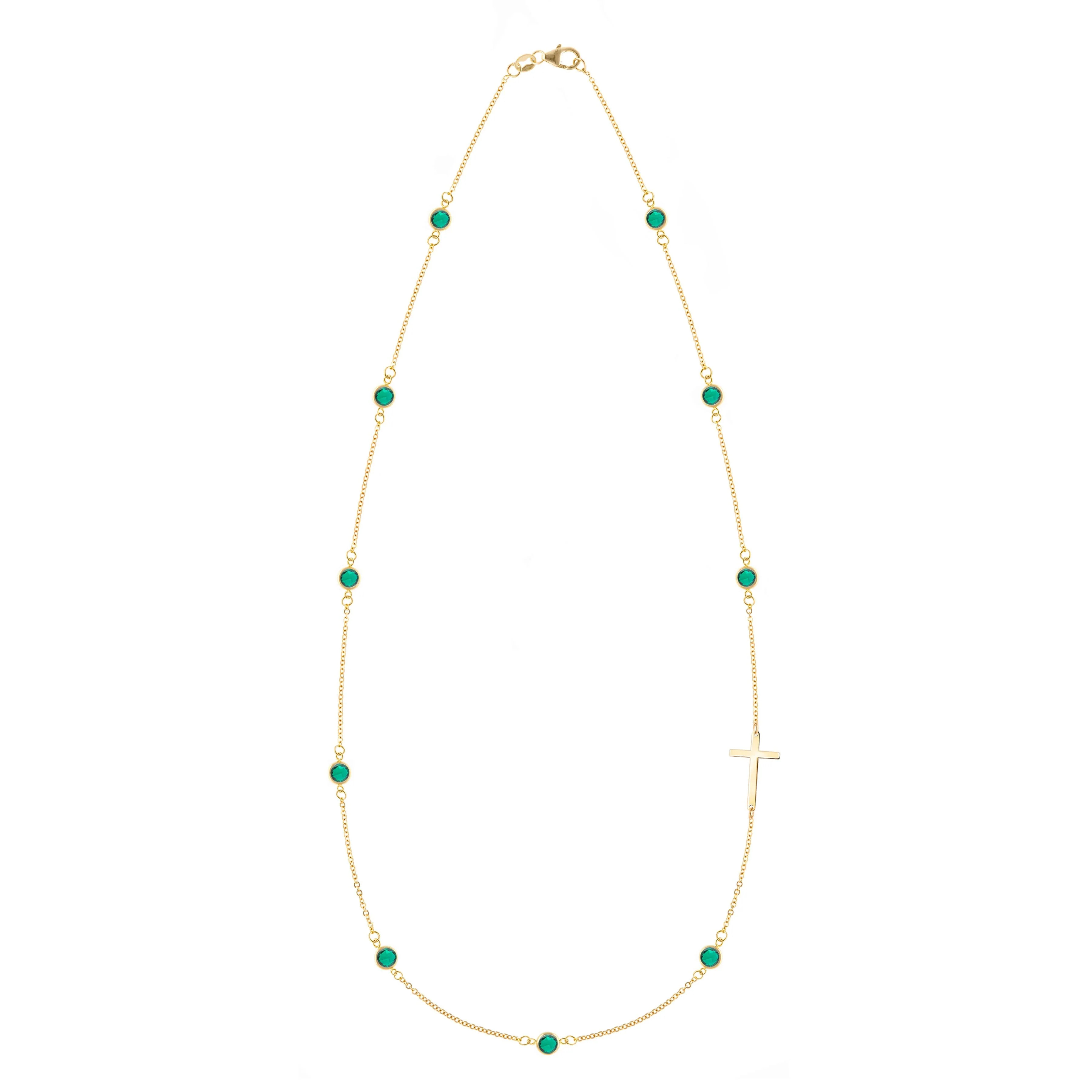 Bayberry Emerald Birthstone Cross Necklace in 14k Gold (May)