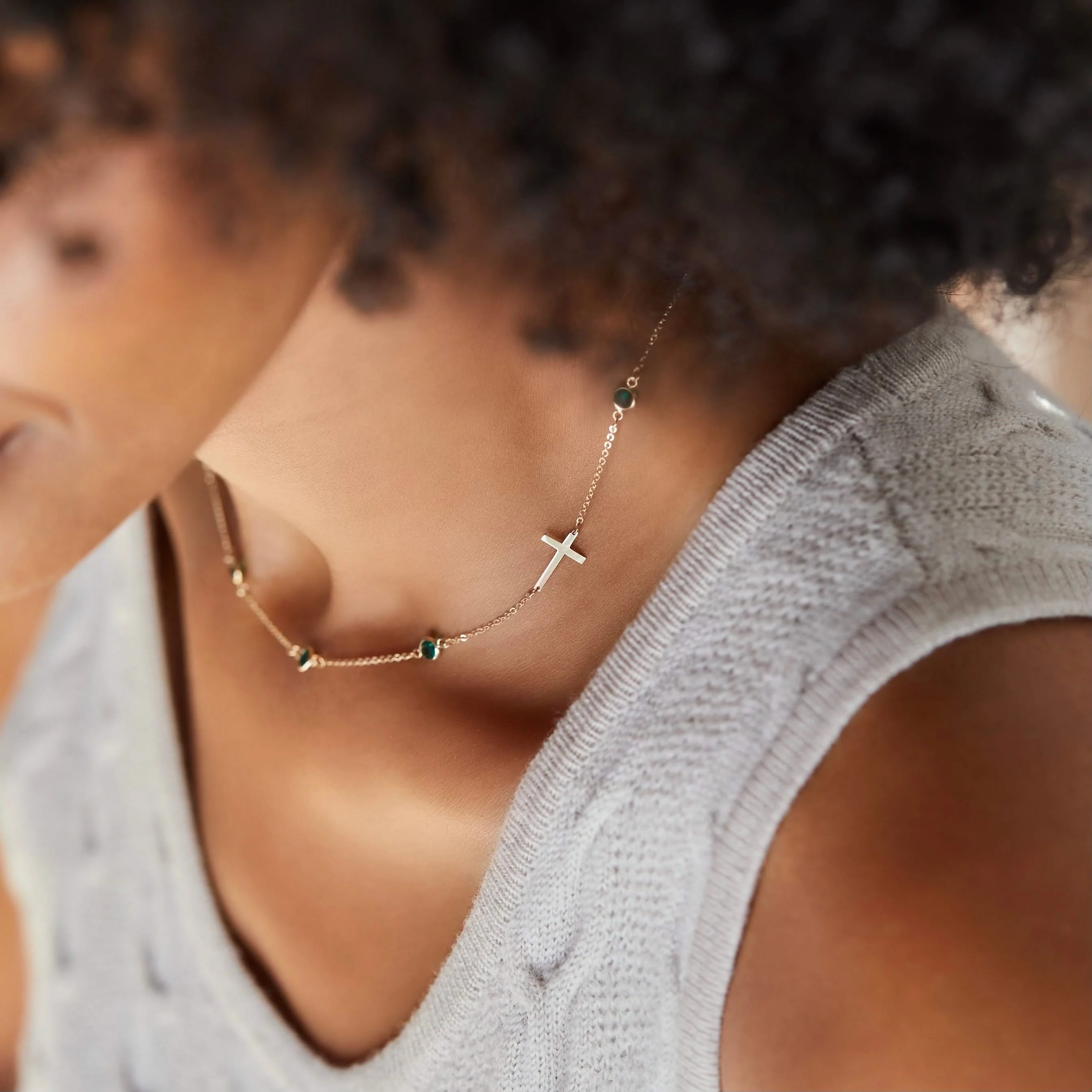 Bayberry Emerald Birthstone Cross Necklace in 14k Gold (May) - Image 2