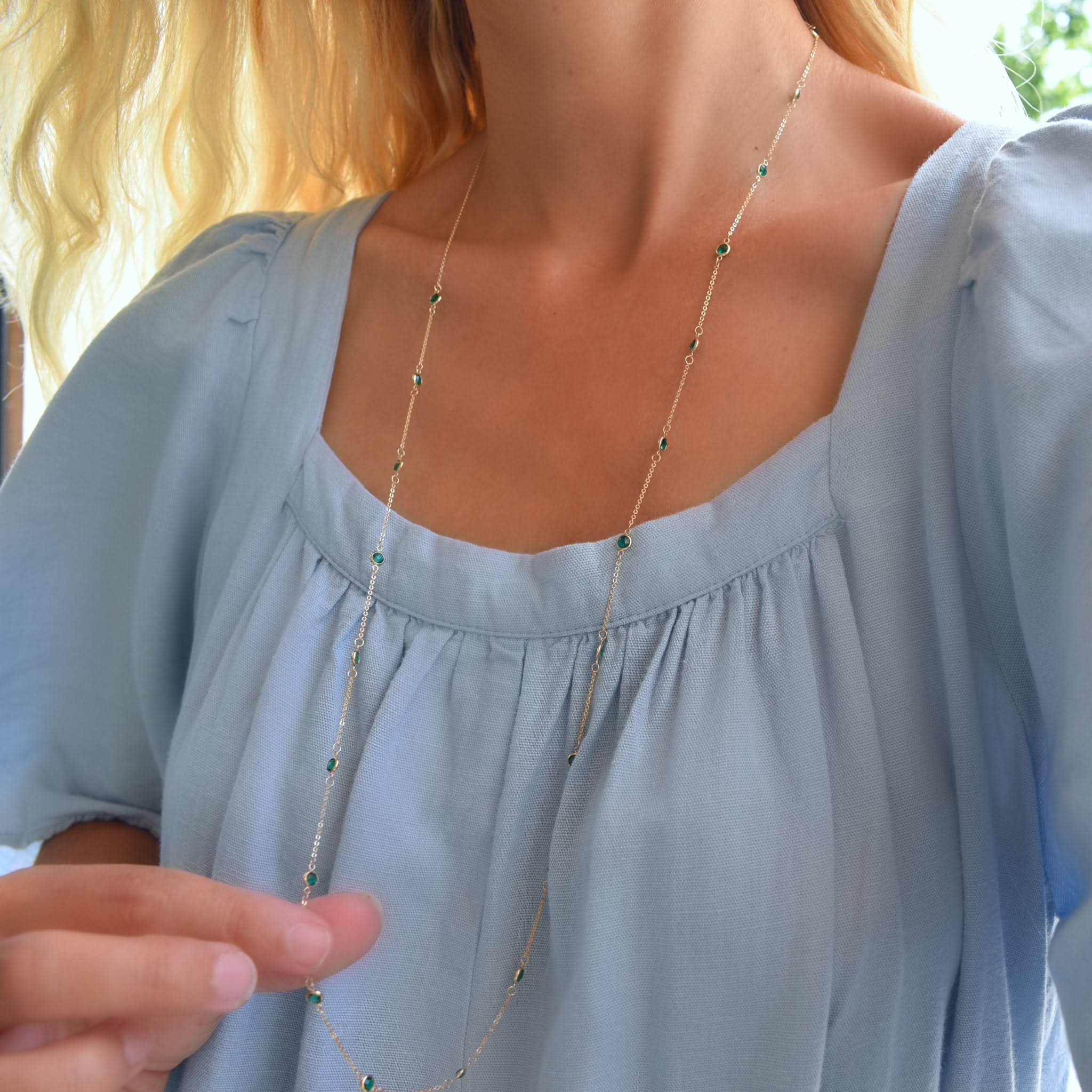 Bayberry Emerald Long Necklace in 14k Gold (May) - Image 3