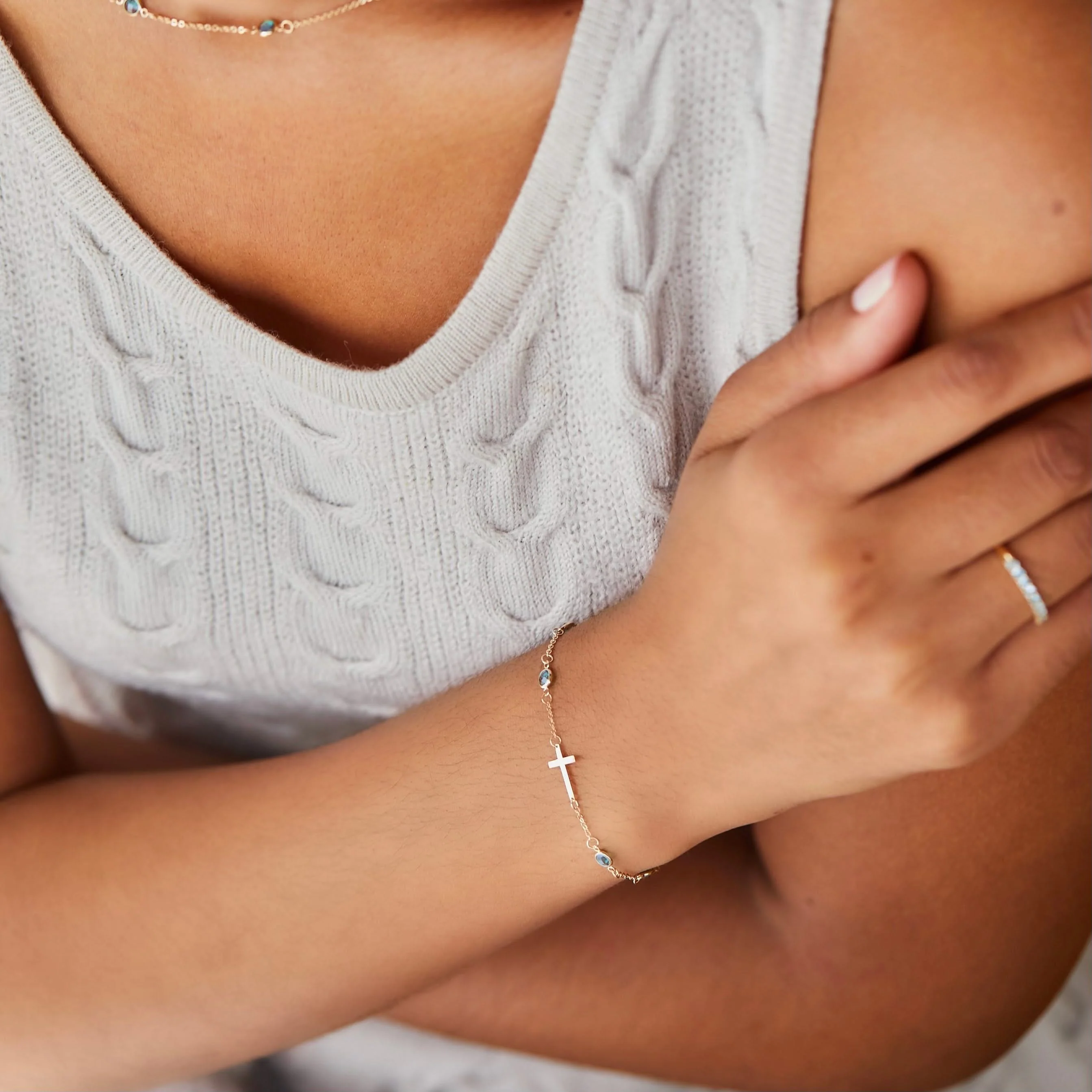 Bayberry Nantucket Blue Topaz Birthstone Cross Bracelet in 14k Gold (December) - Image 2