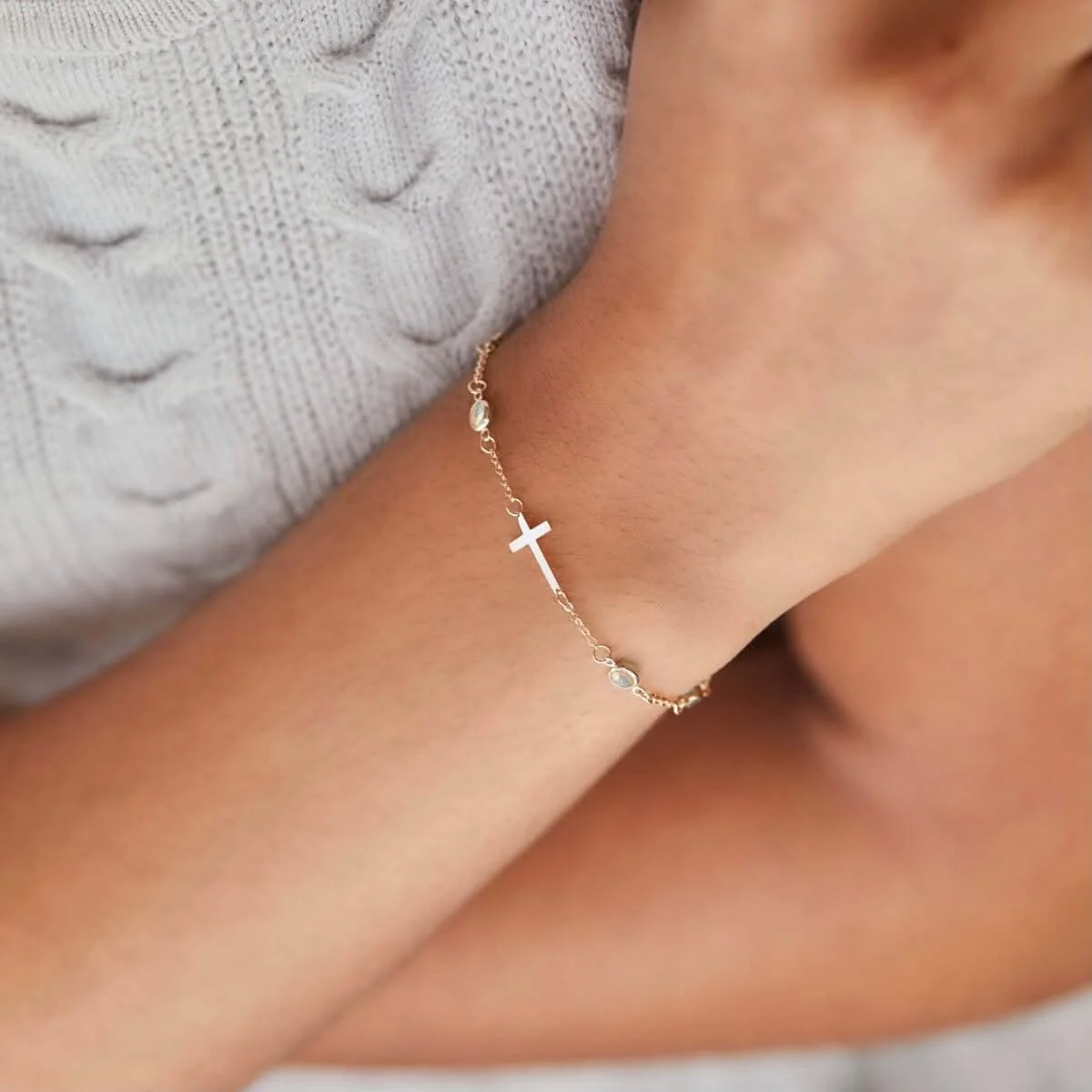 Bayberry Opal Birthstone Cross Bracelet in 14k Gold (October) - Image 3