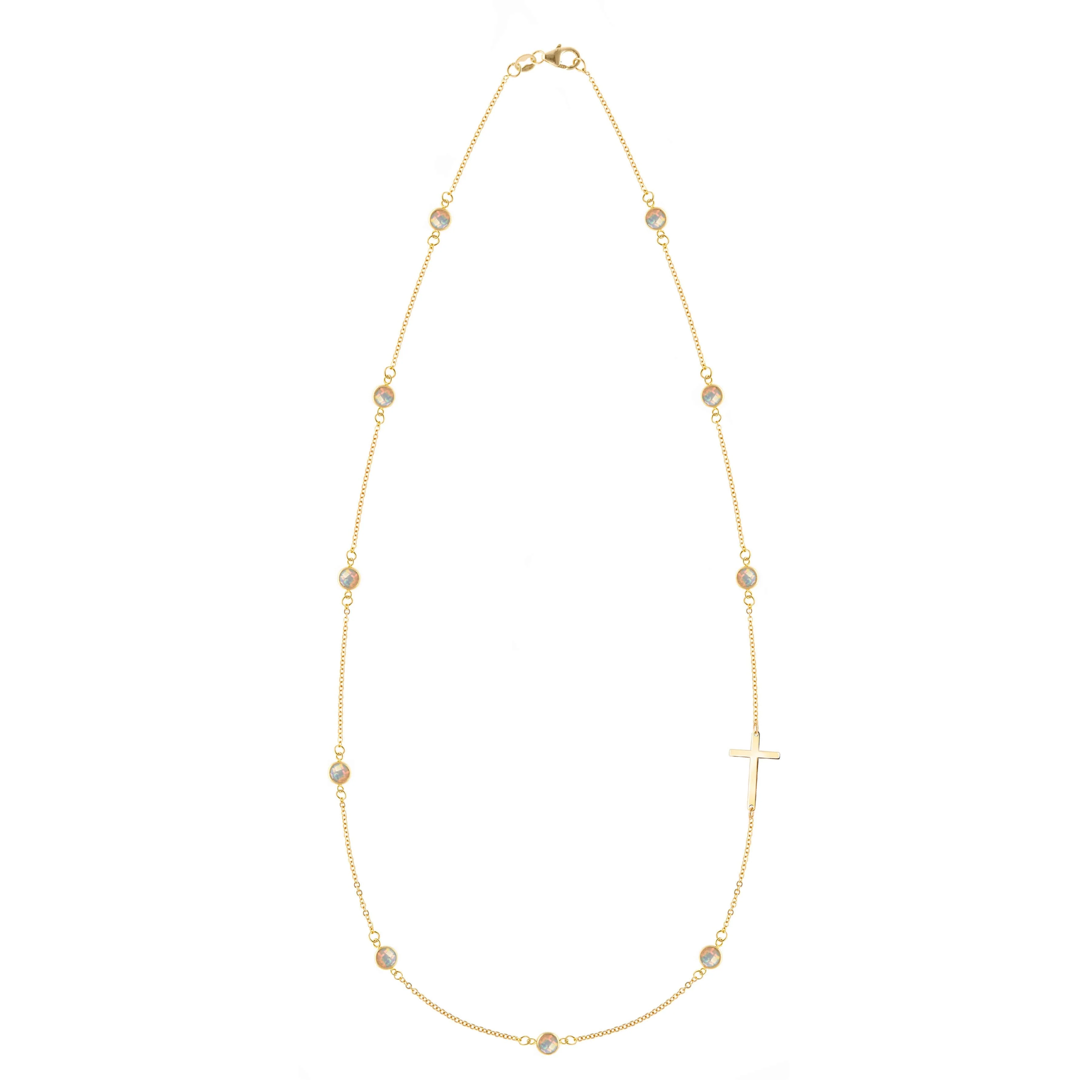 Bayberry Opal Birthstone Cross Necklace in 14k Gold (October)