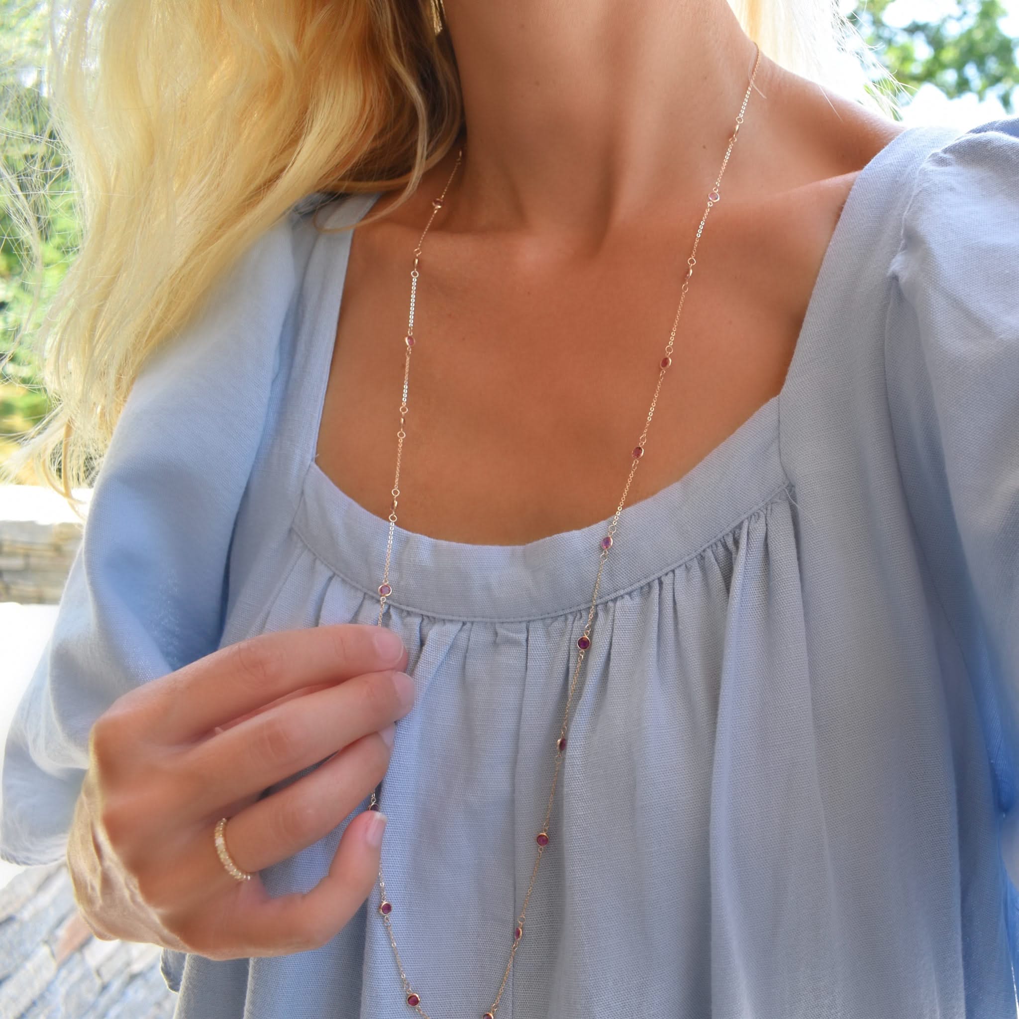 Bayberry Pink Sapphire Long Necklace in 14k Gold (October) - Image 2
