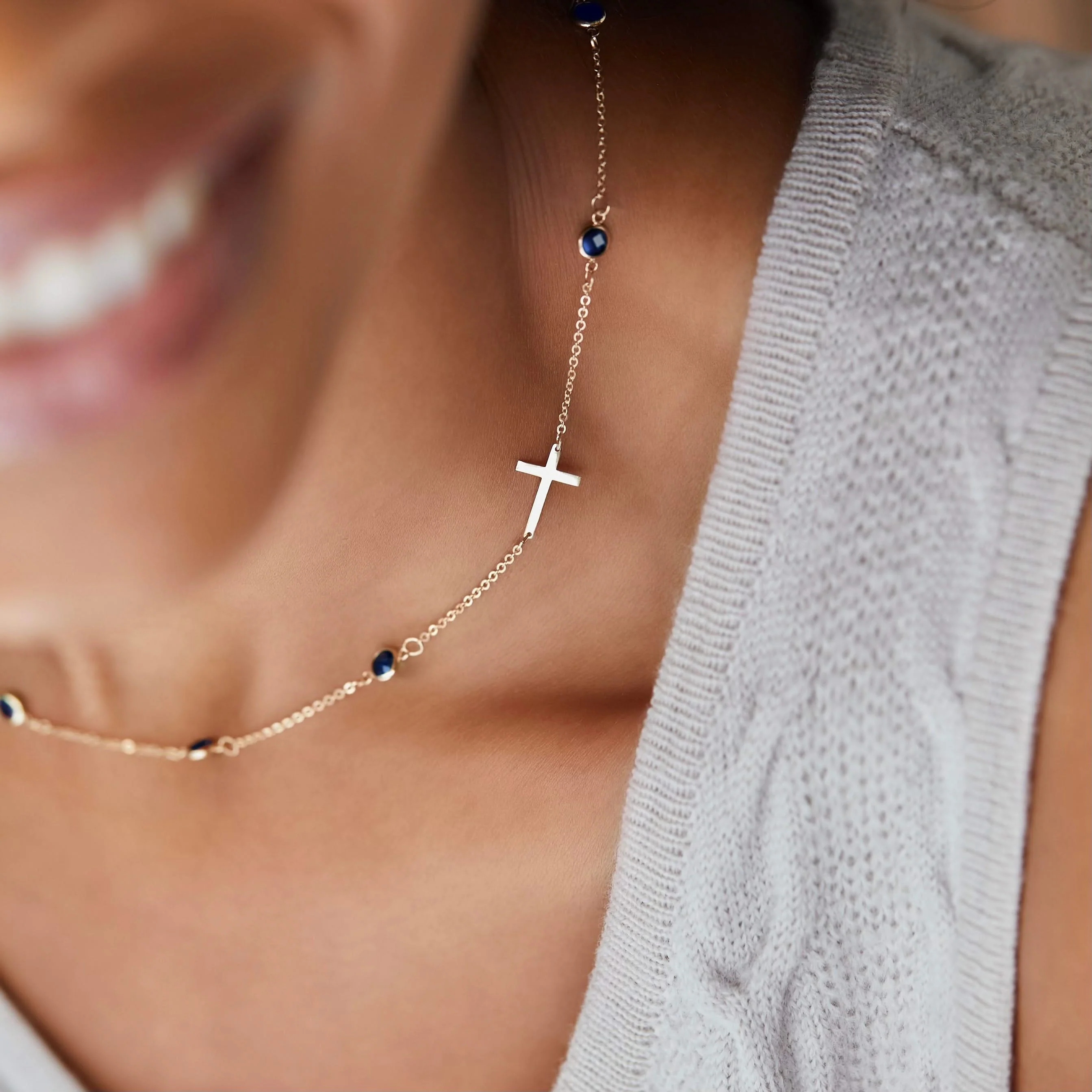 Bayberry Sapphire Birthstone Cross Necklace in 14k Gold (September) - Image 3
