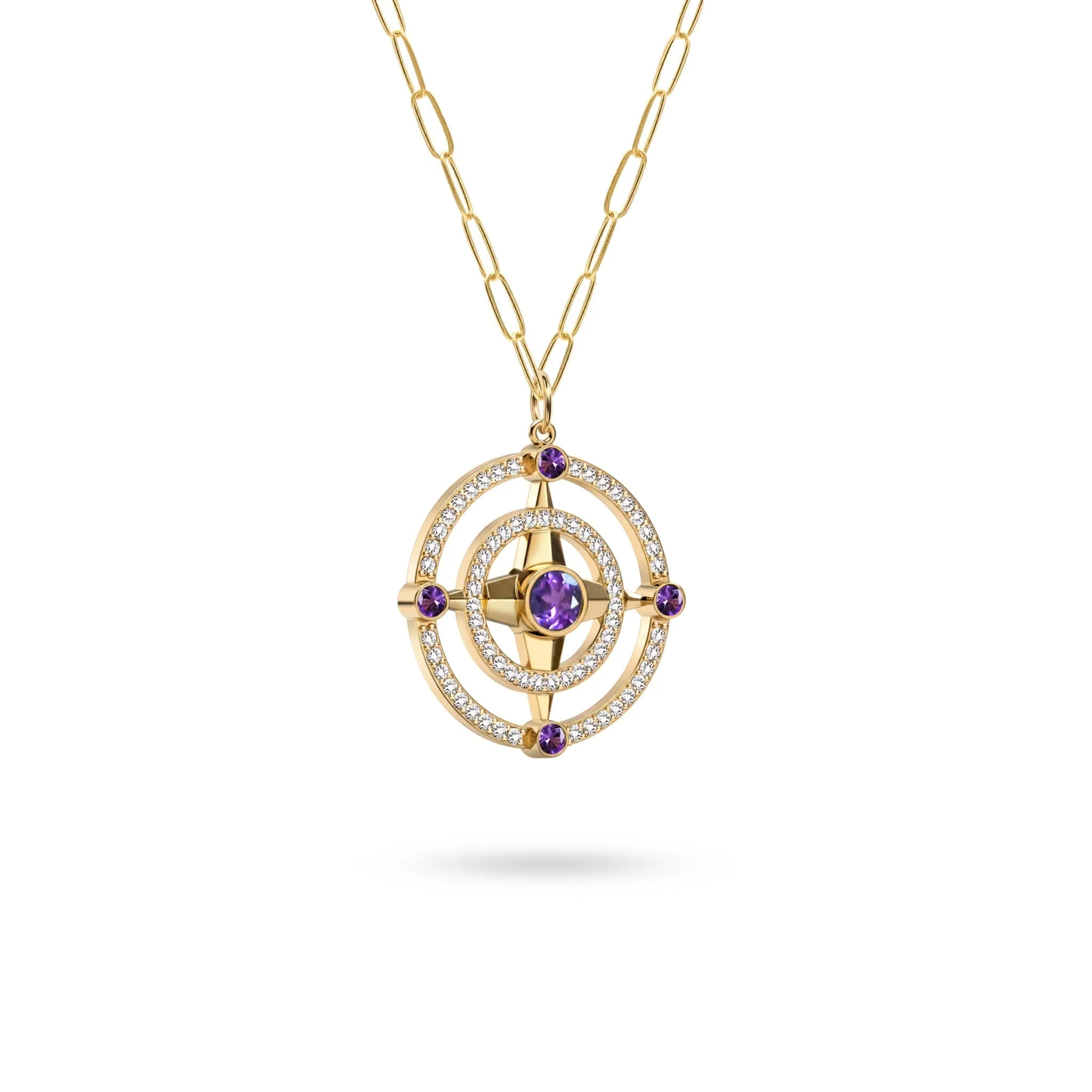Compass Amethyst & Diamond Pendant in 14k Gold (February) - Image 4