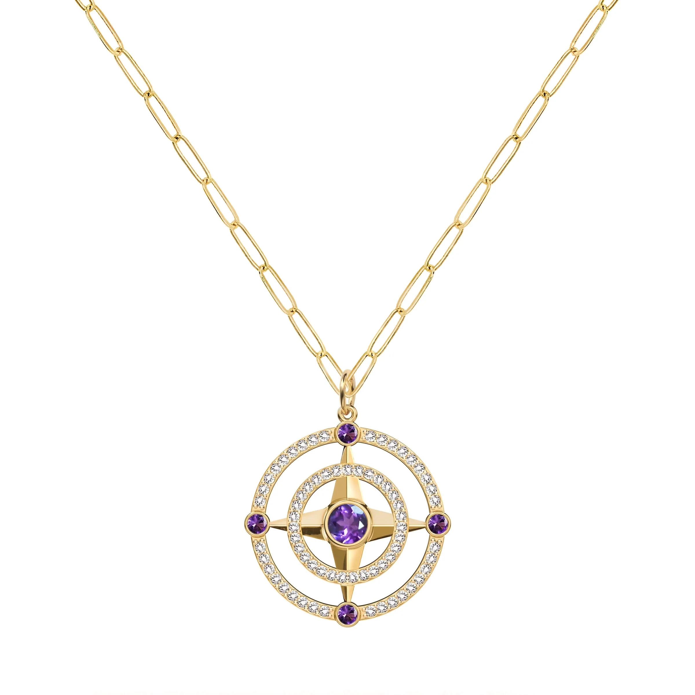 Compass Amethyst & Diamond Pendant in 14k Gold (February) - Image 5