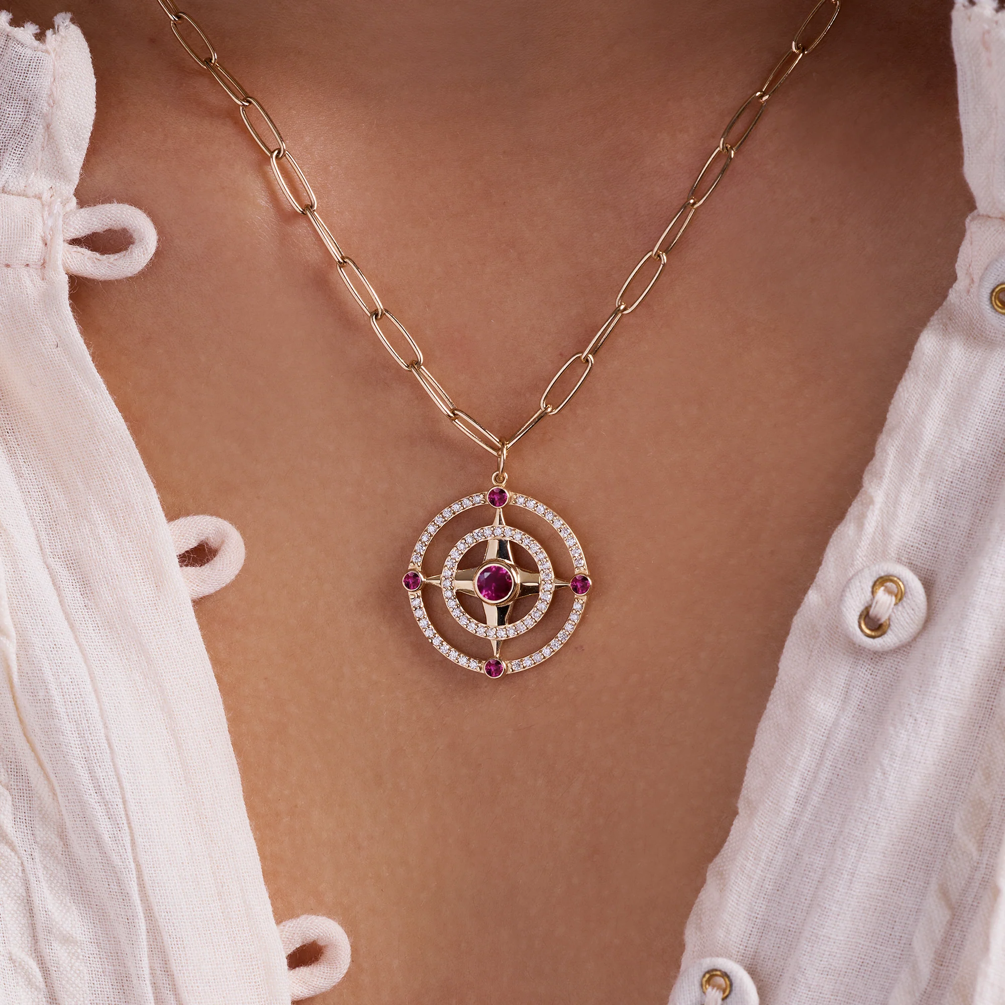 Compass Ruby & Diamond Pendant in 14k Gold (July) - Image 3