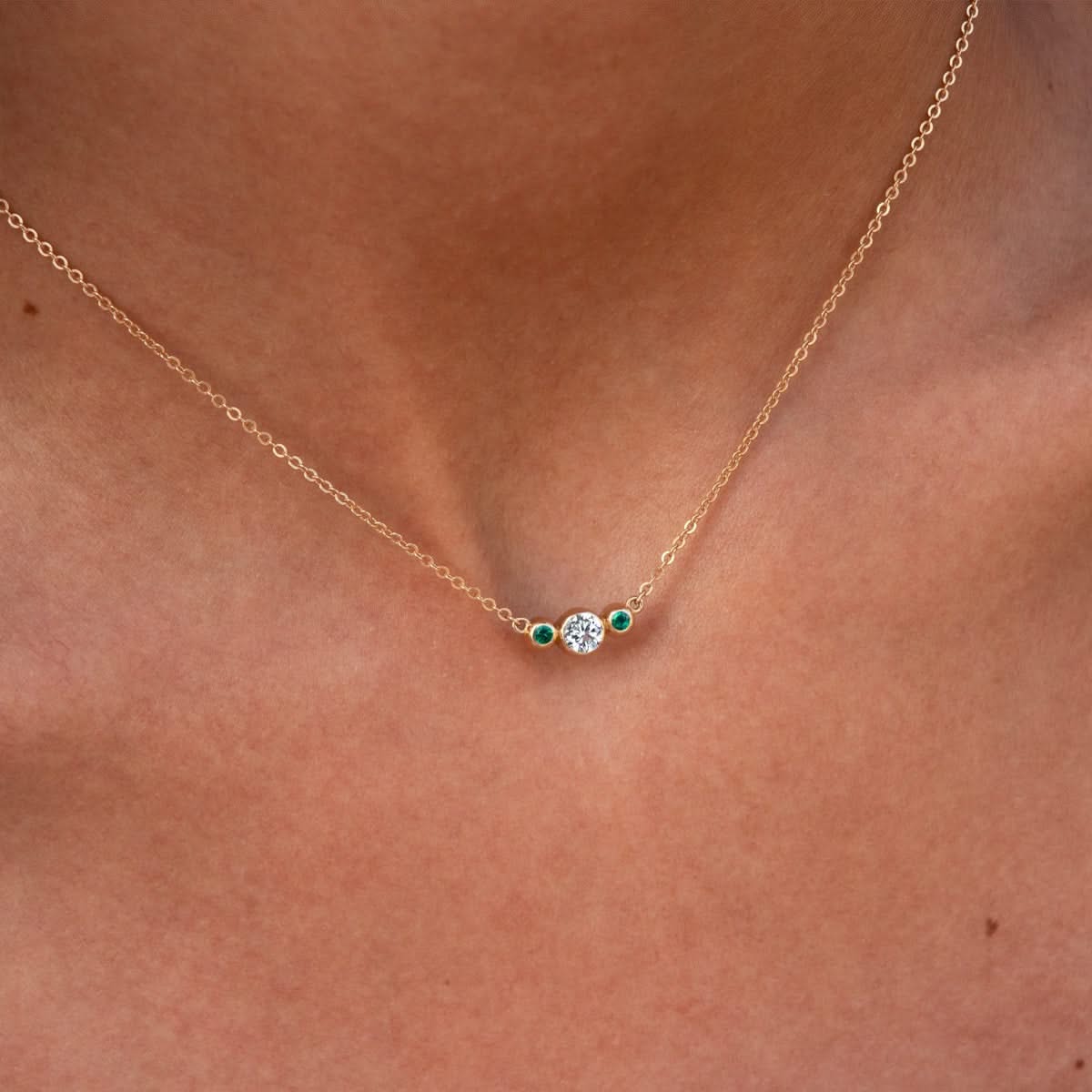 Barrington Diamond Necklace with Emerald Side Stones in 14k Gold (May) - Image 3
