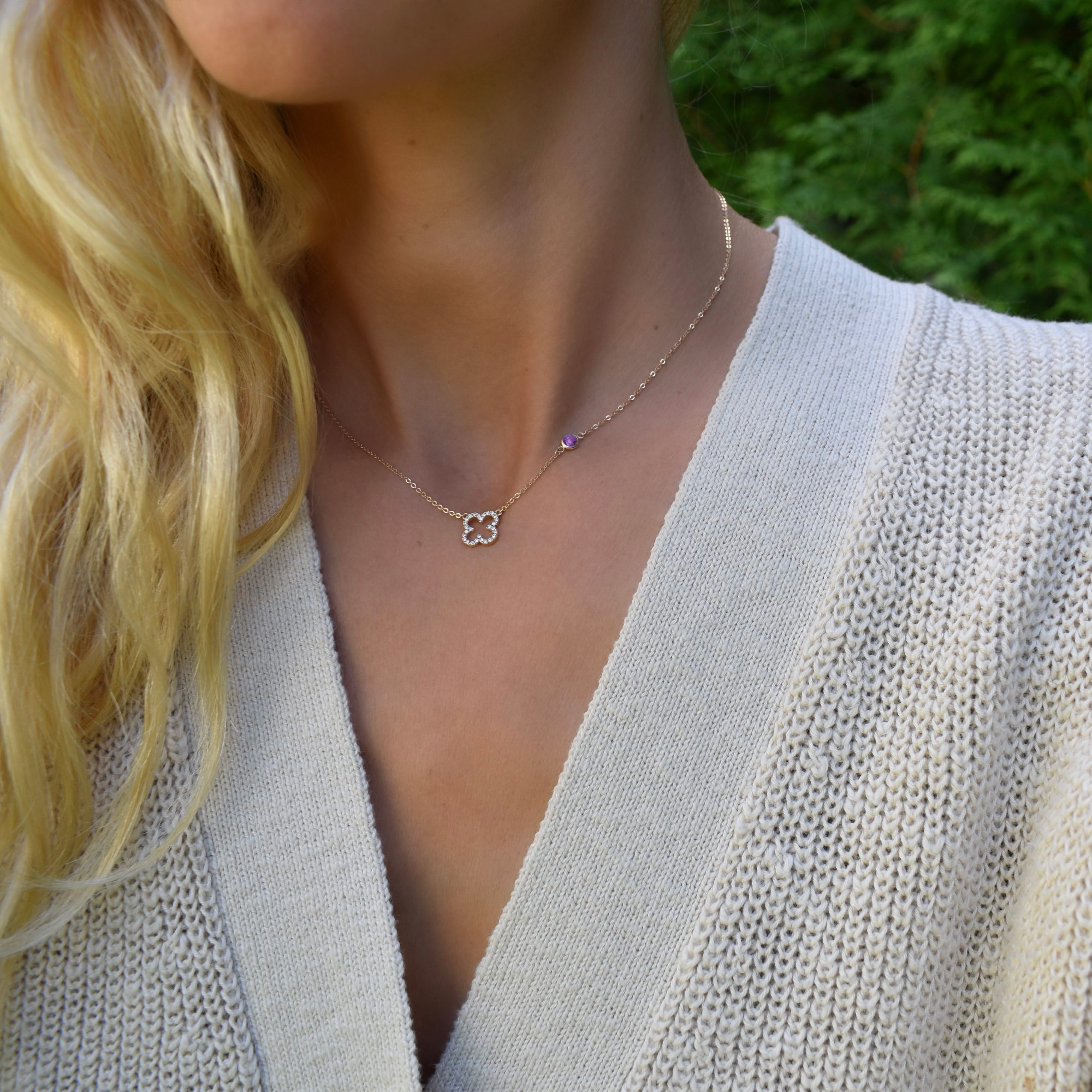 Diamond Clover & Amethyst Necklace in 14k Gold (February) - Image 2