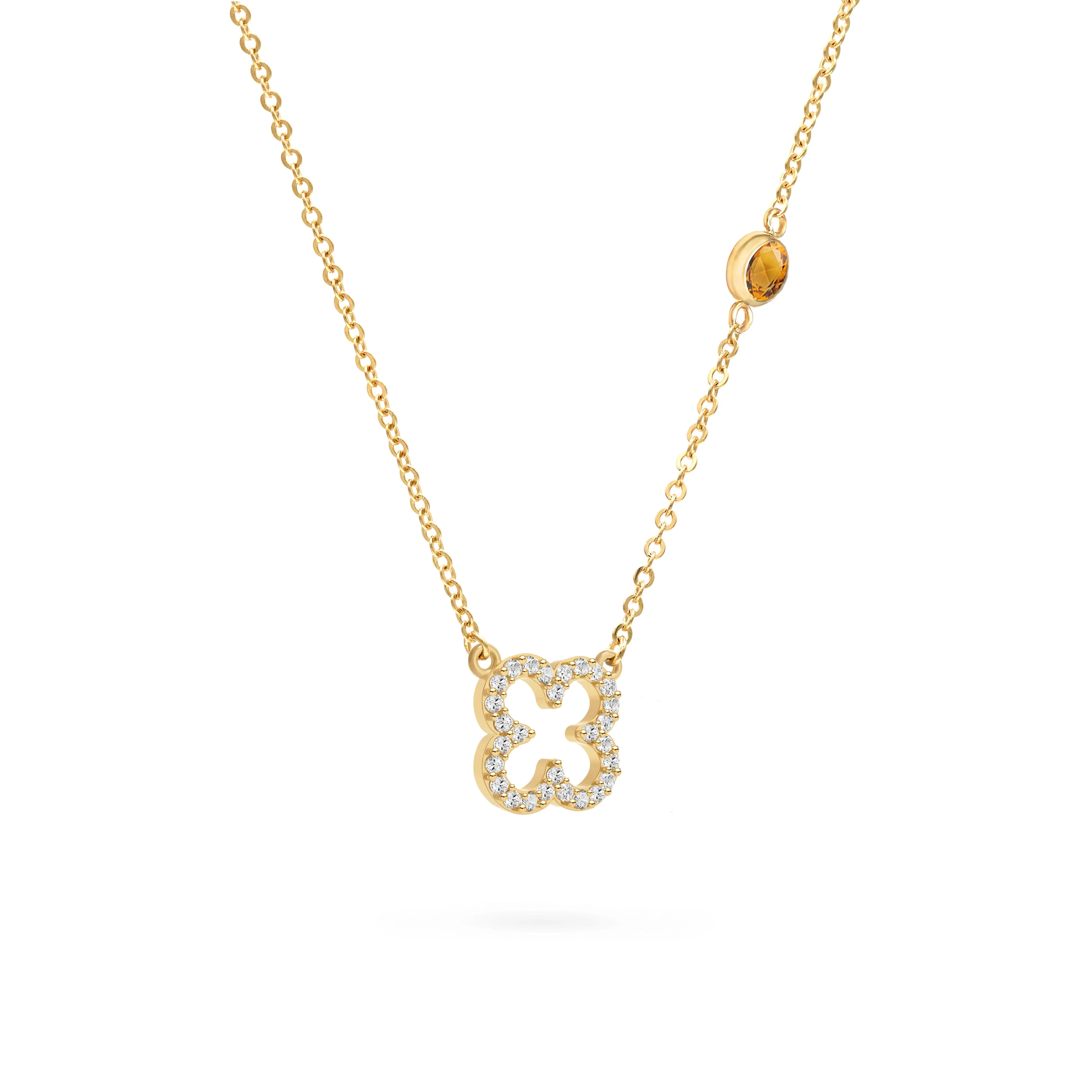 Diamond Clover & Citrine Necklace in 14k Gold (November) - Image 4