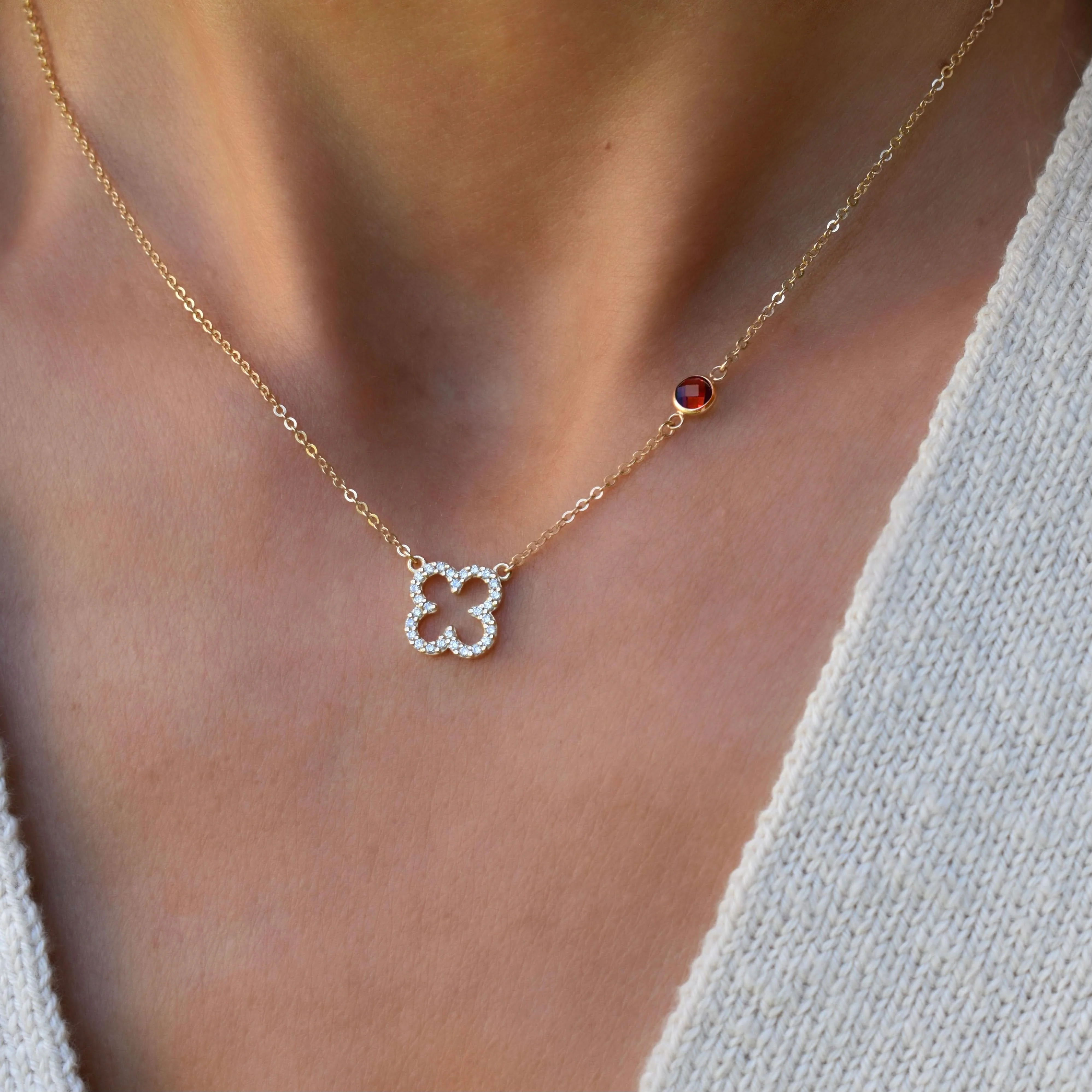 Diamond Clover & Garnet Necklace in 14k Gold (January) - Image 3