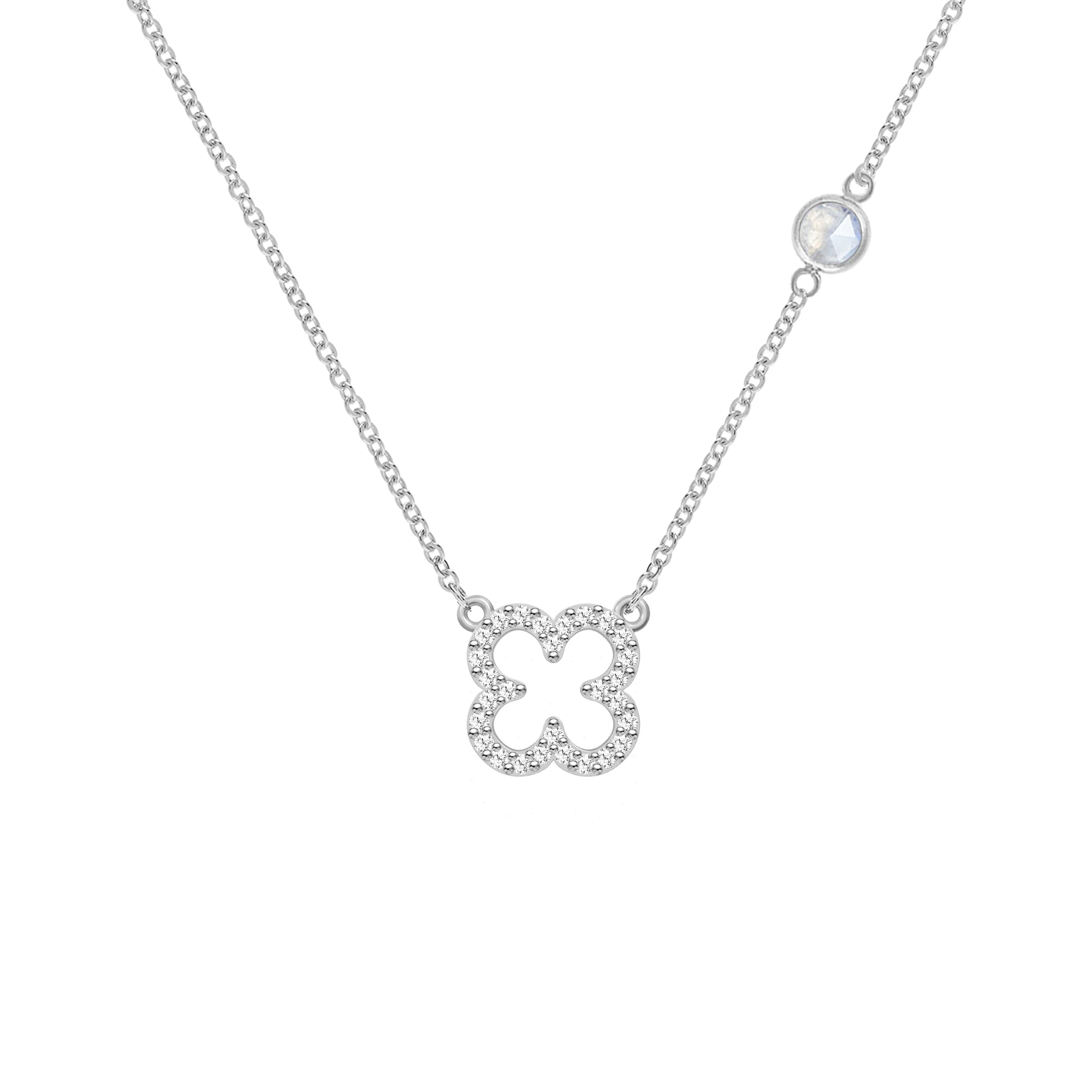 Diamond Clover & Moonstone Necklace in 14k Gold (June) - Image 8
