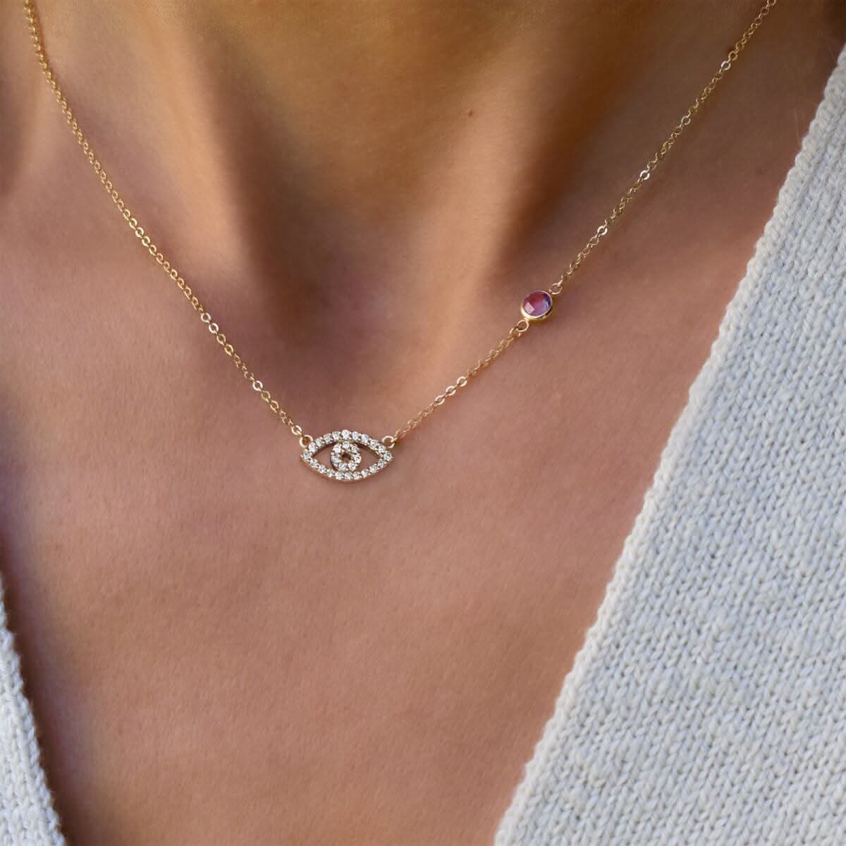 Diamond Evil Eye & Pink Sapphire Necklace in 14k Gold (October) - Image 3