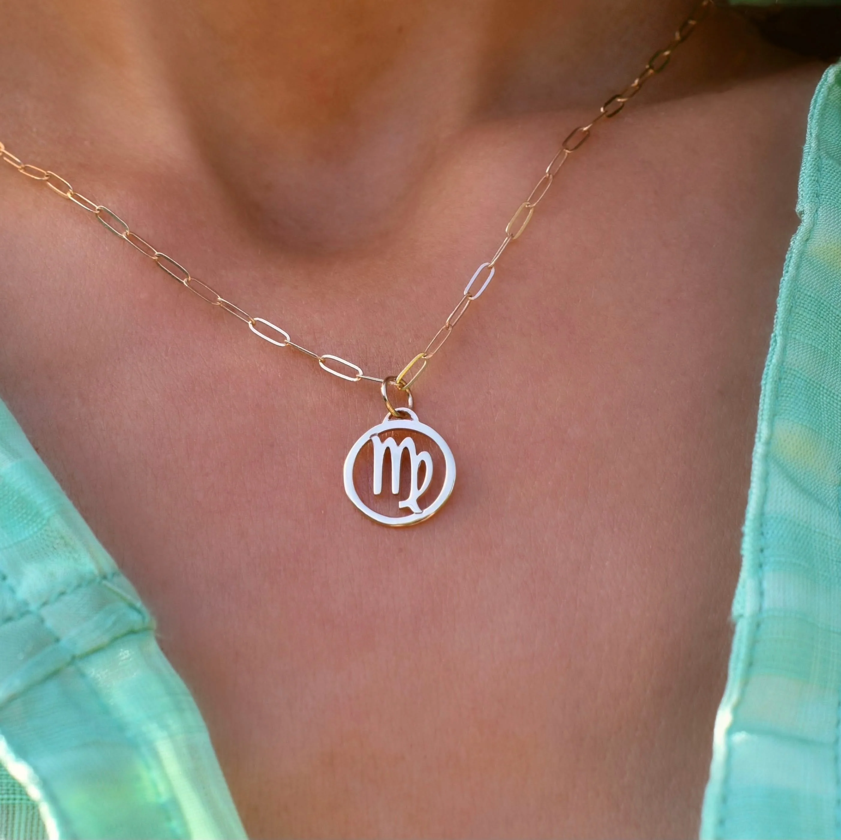 Flat Virgo Pendant with Adelaide Mini Chain in 14k Gold - Image 3