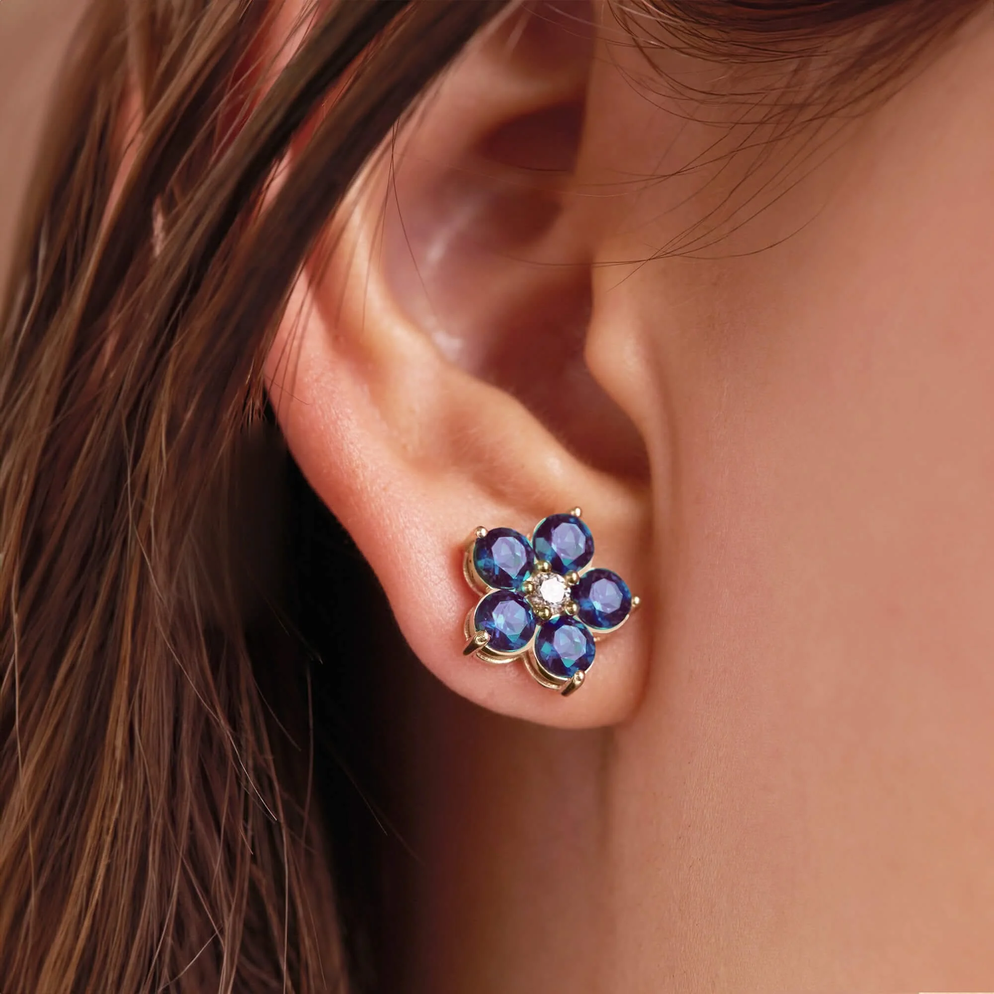 Greenwich Flower Alexandrite & Diamond Earrings in 14k Gold (June) - Image 6